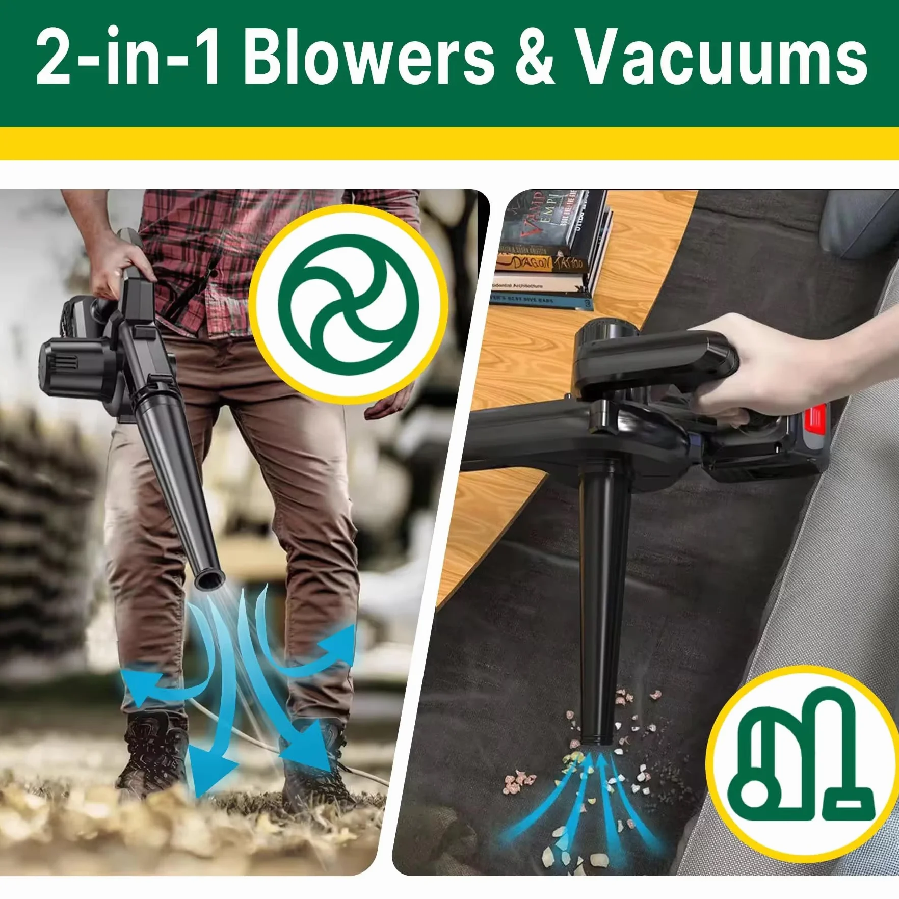 Soffiatore Cordless con 2 Batterie, soffiatore per Pulizia Casa e Giardino, Nero,verde, beccuccio tondo