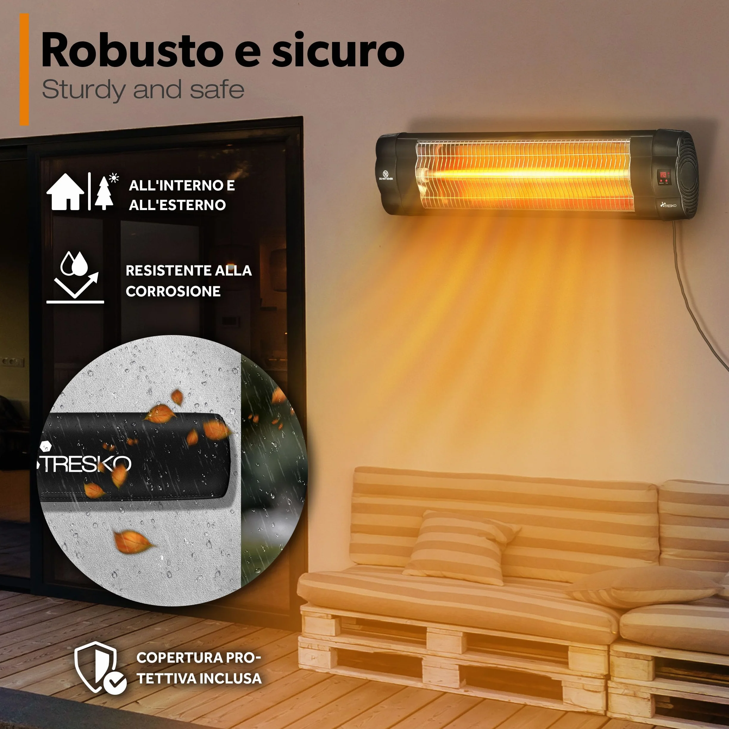 TRESKO Riscaldatore ad Infrarossi 2500W Telecomando 3 Livelli Calore Stufa Elettrica Esterno