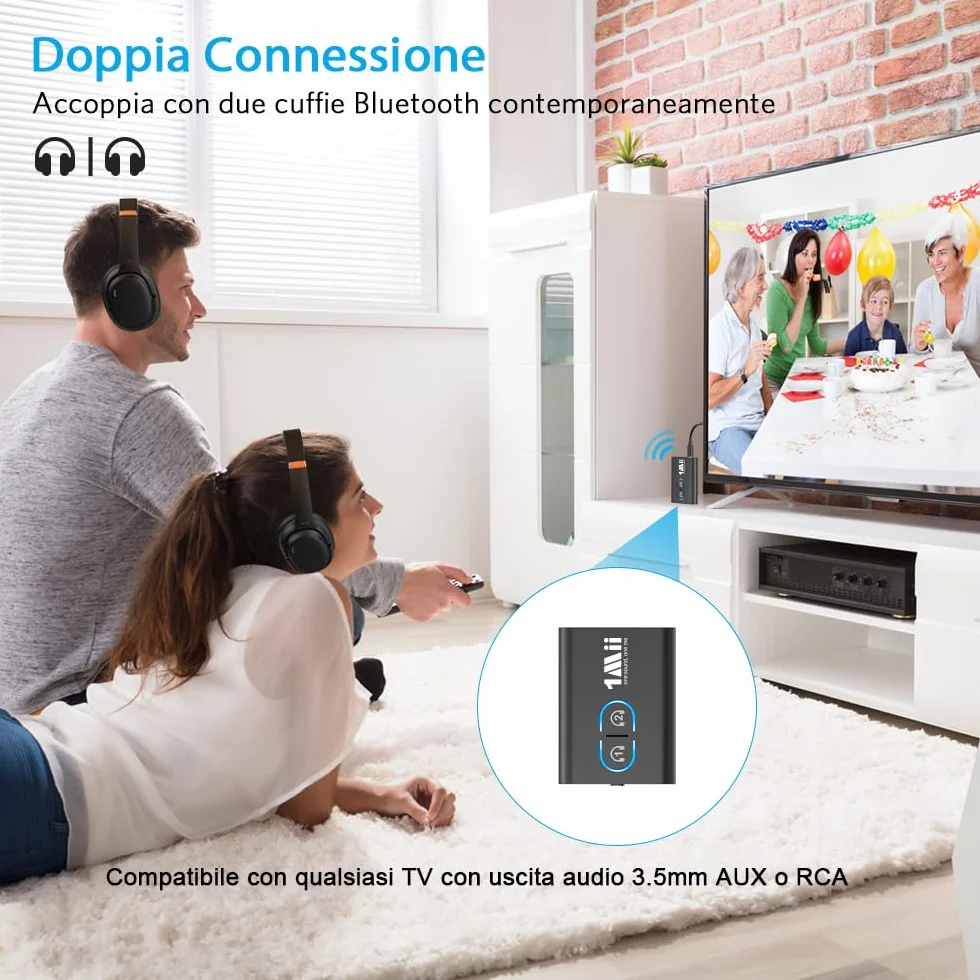 1Mii ML300 Bluetooth 5.3 Trasmettitore Ricevitore TV, Adattatore Aux 3.5mm, aptX Bassa Latenza, HD Audio, Batteria 12 Ore