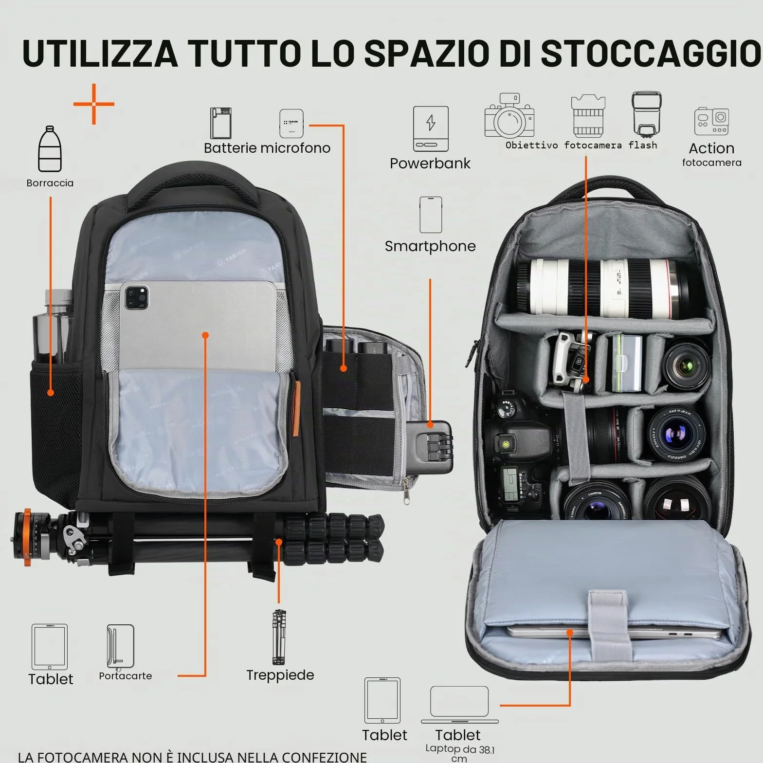 TARION Zaino Fotografico Professionale Borsa per Fotocamera Reflex DSLR con Custodia per Laptop 15" Copertura Antipioggia TB-04