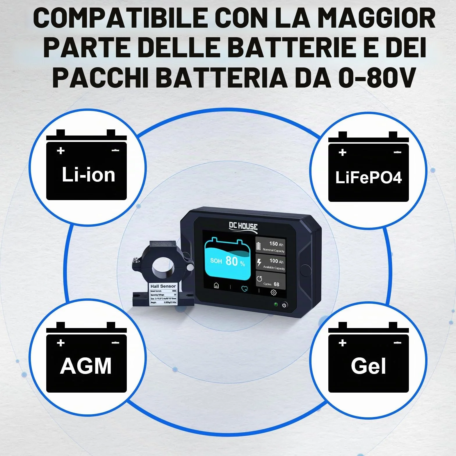 DCHOUSE Monitor di Scarica di Carica 0-90V 300A Tester Capacità Batteria Tensione Corrente Li-ion LiFePO4 AGM Gel