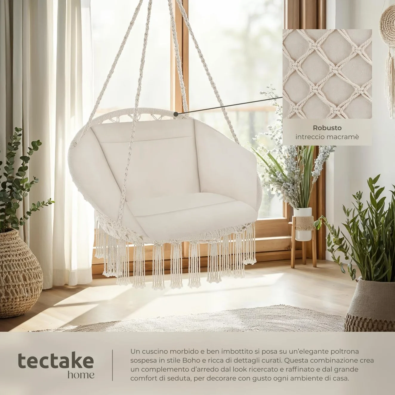 tectake® Poltrona Sospesa, Interno & Esterno, Diametro Seduta 60 cm, Robusta, Grande e Morbidissimo Cuscino, Sedia a Dondolo, Sedia Sospesa da Interno e Terrazzo - Beige