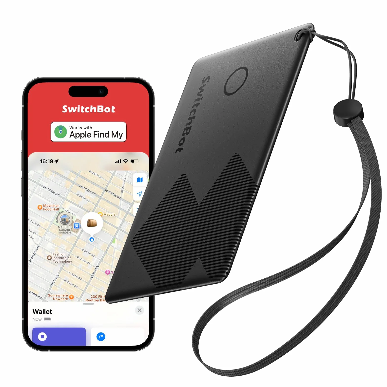 SwitchBot Wallet Finder Card, Smart AirTag compatibile con Apple Find My (Solo iOS), Bluetooth Tracker per chiavi, telefoni, bagagli, IP67 Resistente