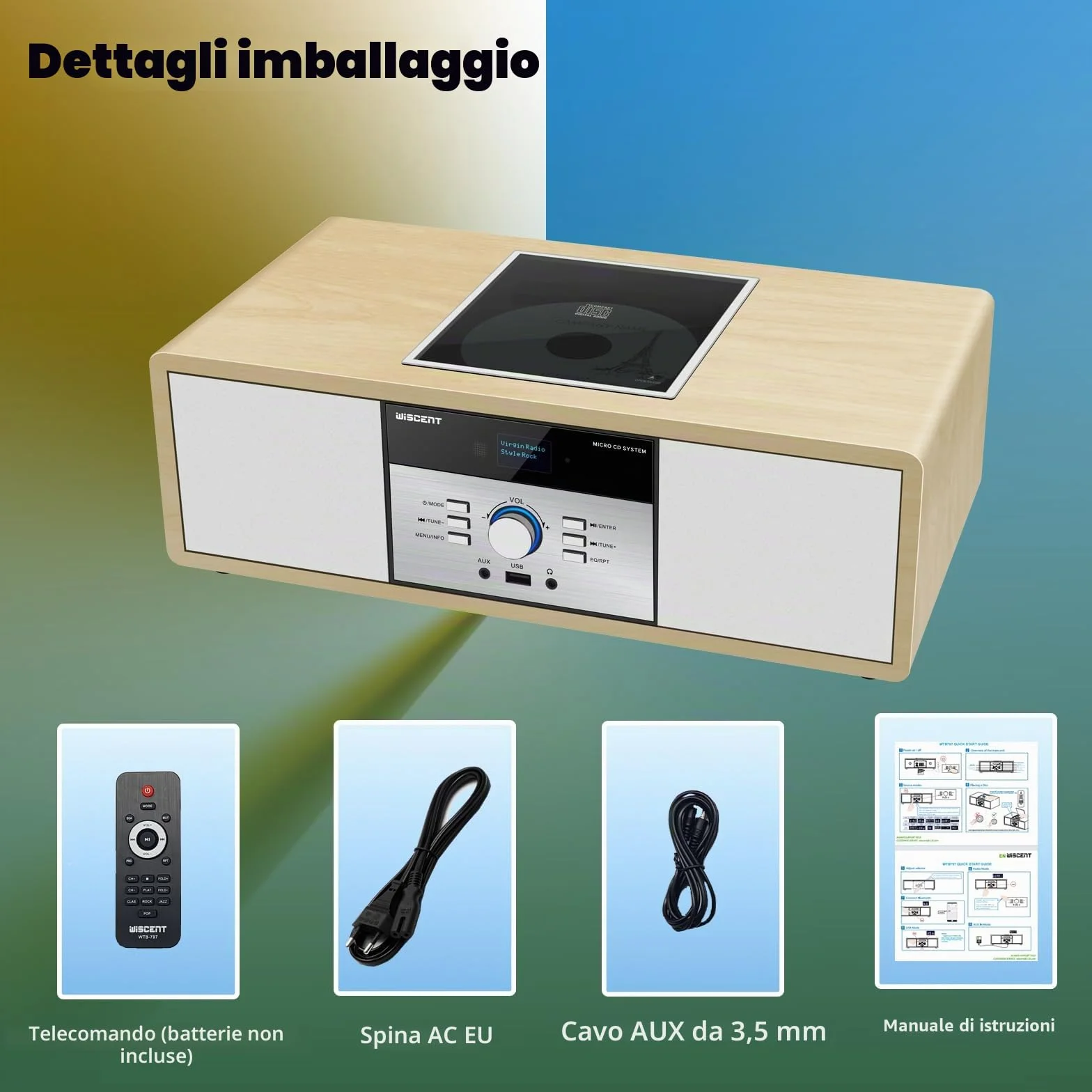 Impianto Stereo Casa Hi-Fi Radio DAB+ Lettore CD Bluetooth 5.0 FM USB 30W Design Retro Legno
