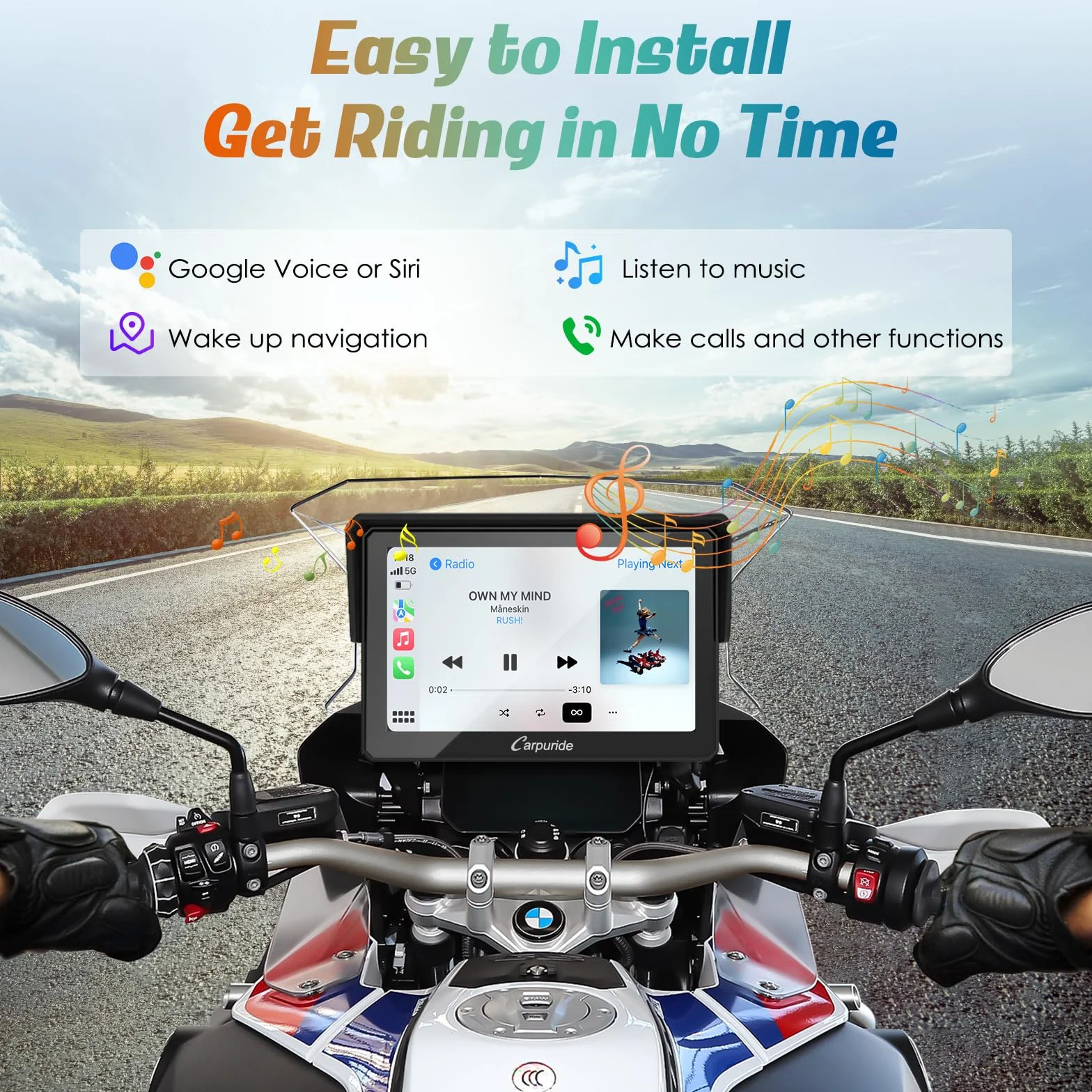 Carpuride W502B Schermo CarPlay 5 Pollici Touchscreen Impermeabile per BMW Moto R1200GS R1250GS S1000XR Navigazione GPS Wireless CarPlay Android Auto Doppio Bluetooth