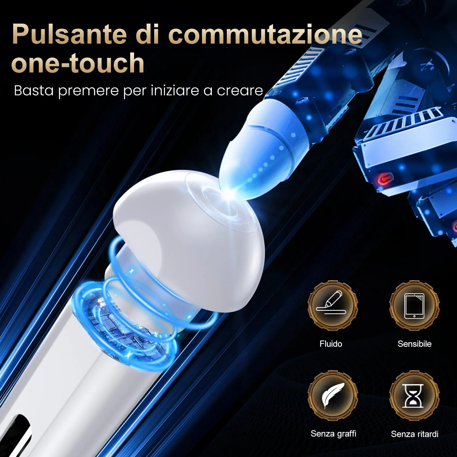 BAZO Penna iPad 2018-2025, Palm Rejection, Ricarica Rapida, Sensibilità Inclinazione per iPad 11 A16/10/9/8/7/6, Pro 11/12.9, Air 5/4/3/M2/M3/M4/M5, Mini 5/6