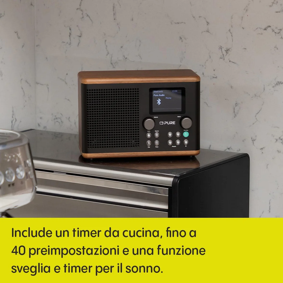 Pure Classic H4 Radio da Cucina Digitale DAB+ FM Bluetooth USB AUX Timer Sveglia Caffè Nero Noce