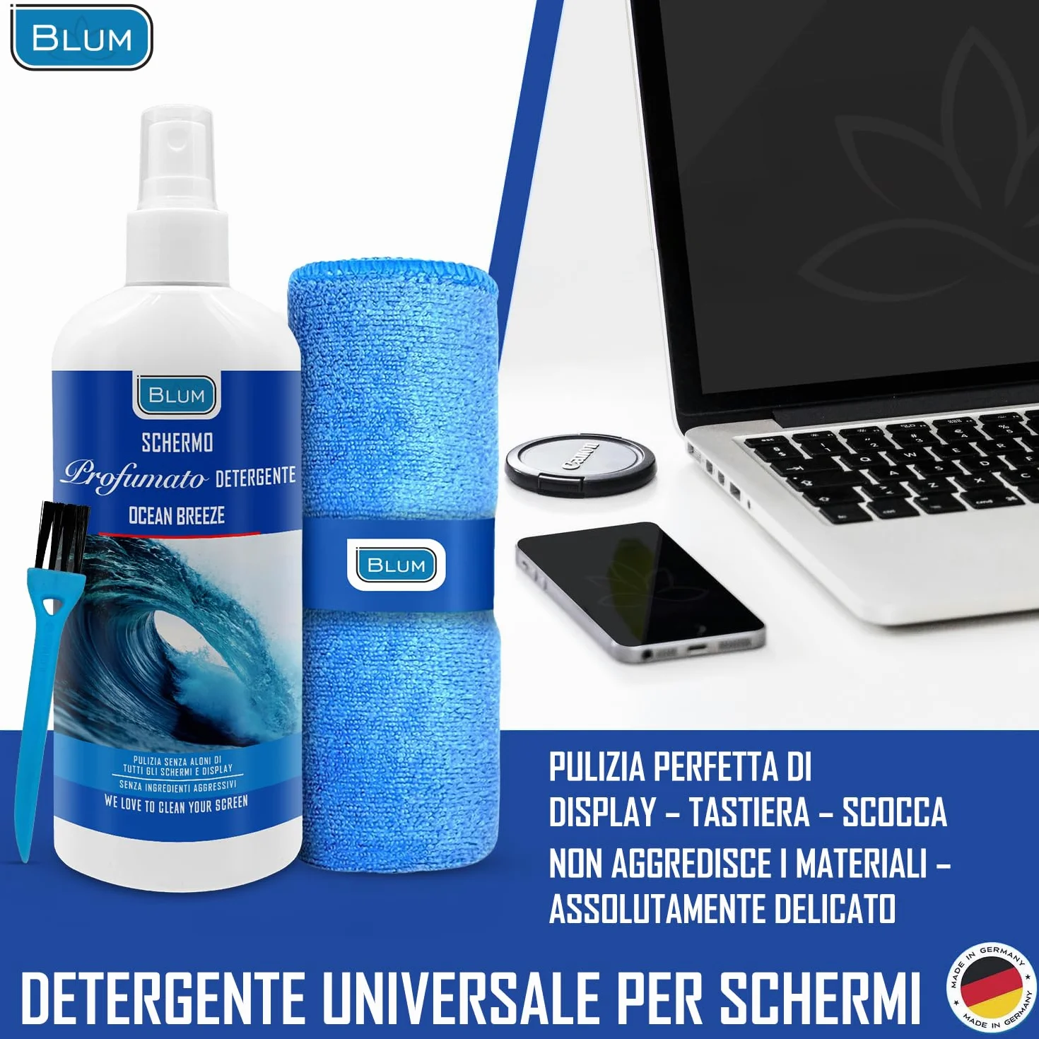 Blum Detergente schermi OCEAN BREEZE 250ml + panno microfibra 30x30cm Pulitore TV laptop monitor