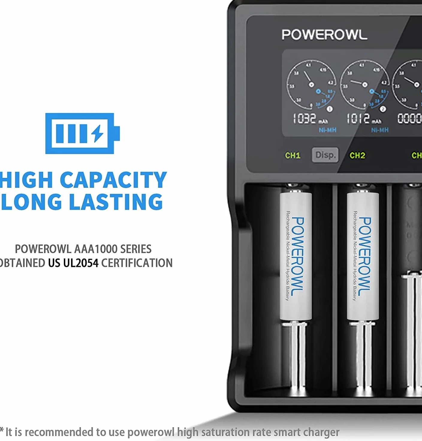 POWEROWL Batterie Ricaricabili AAA 1000 mAh 1,2V Ni-MH 8 Pezzi con Caricabatterie 8 Slot