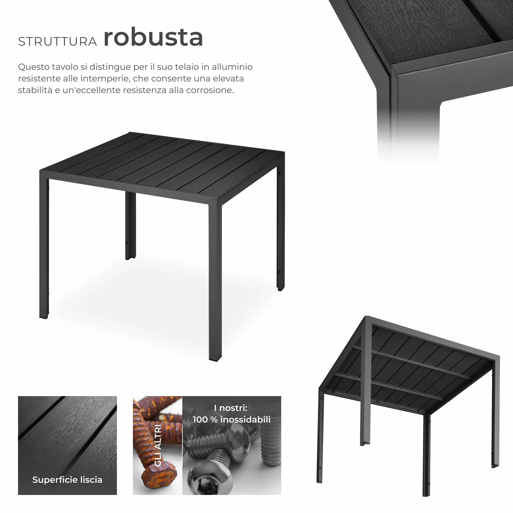 tectake®, Tavolo da Giardino in Alluminio, Tavolo da Esterno, Tavolino da Balcone, Effetto Legno, Regolabile, Resistente Intemperie, Ideale come Arredamento per Terrazzo, 90x90x74,5cm - nero