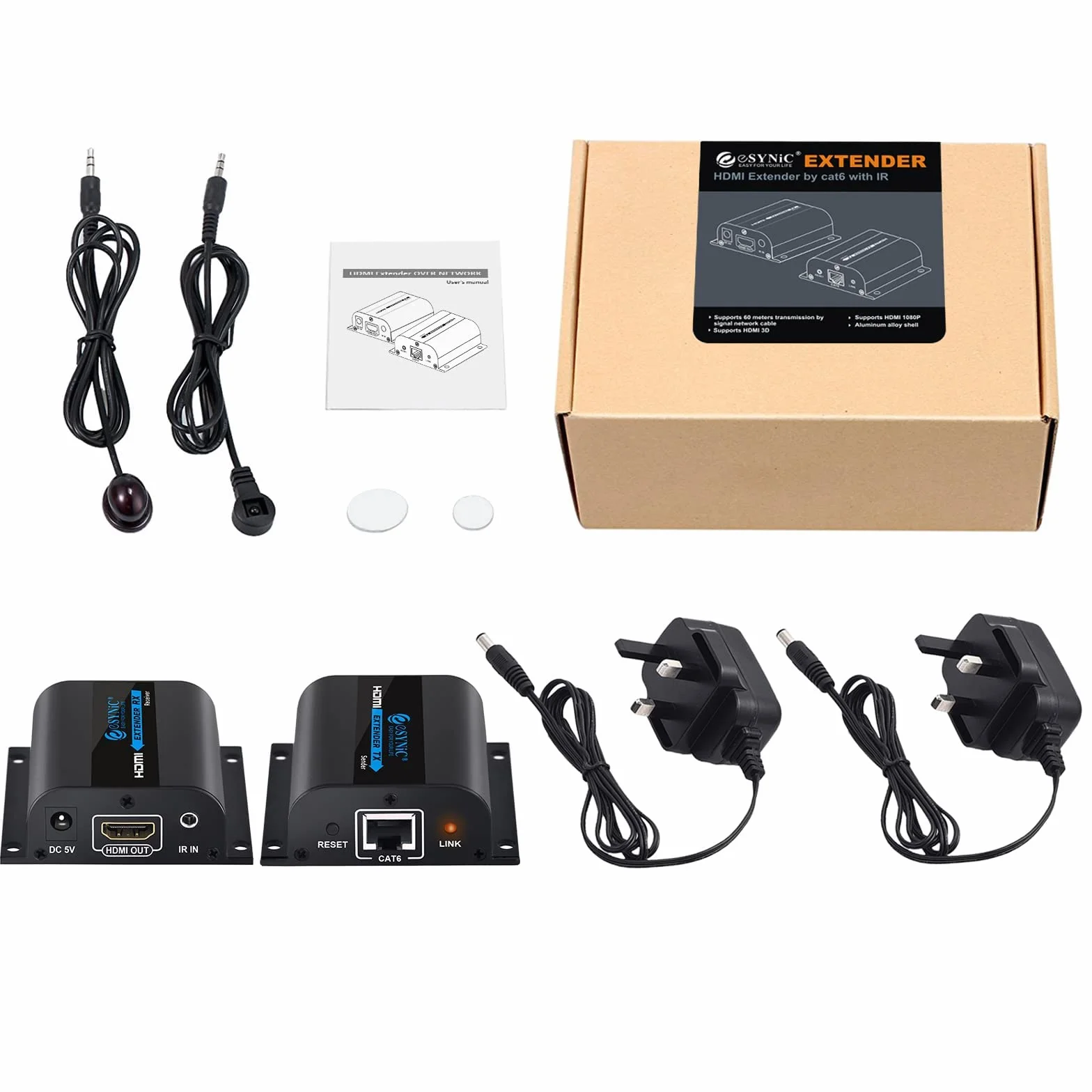 eSynic Extender HDMI 60m 1080P Ethernet IR Nero per Sky HD Box Laptop PC PS4