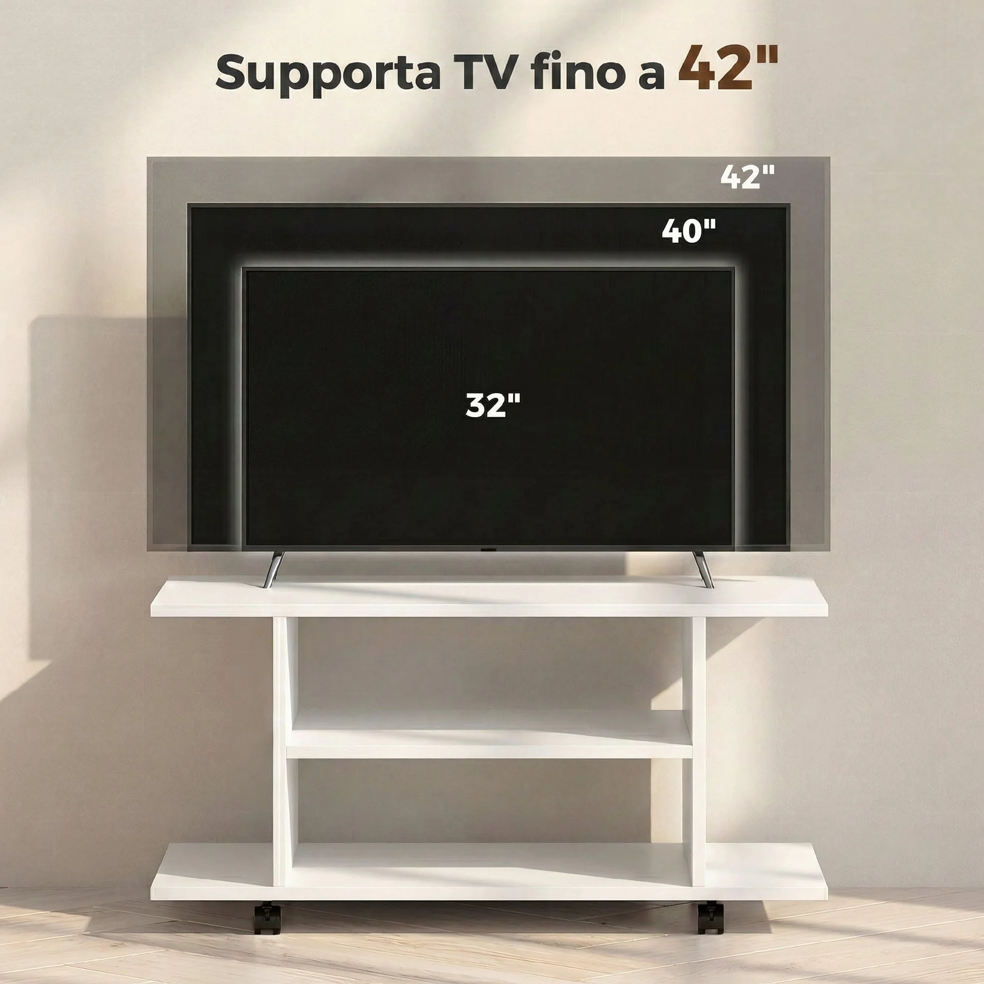 HOMCOM Mobile TV Moderno con Ripiani, 42" Porta TV con Ruote, 80x40x40 cm, Bianco