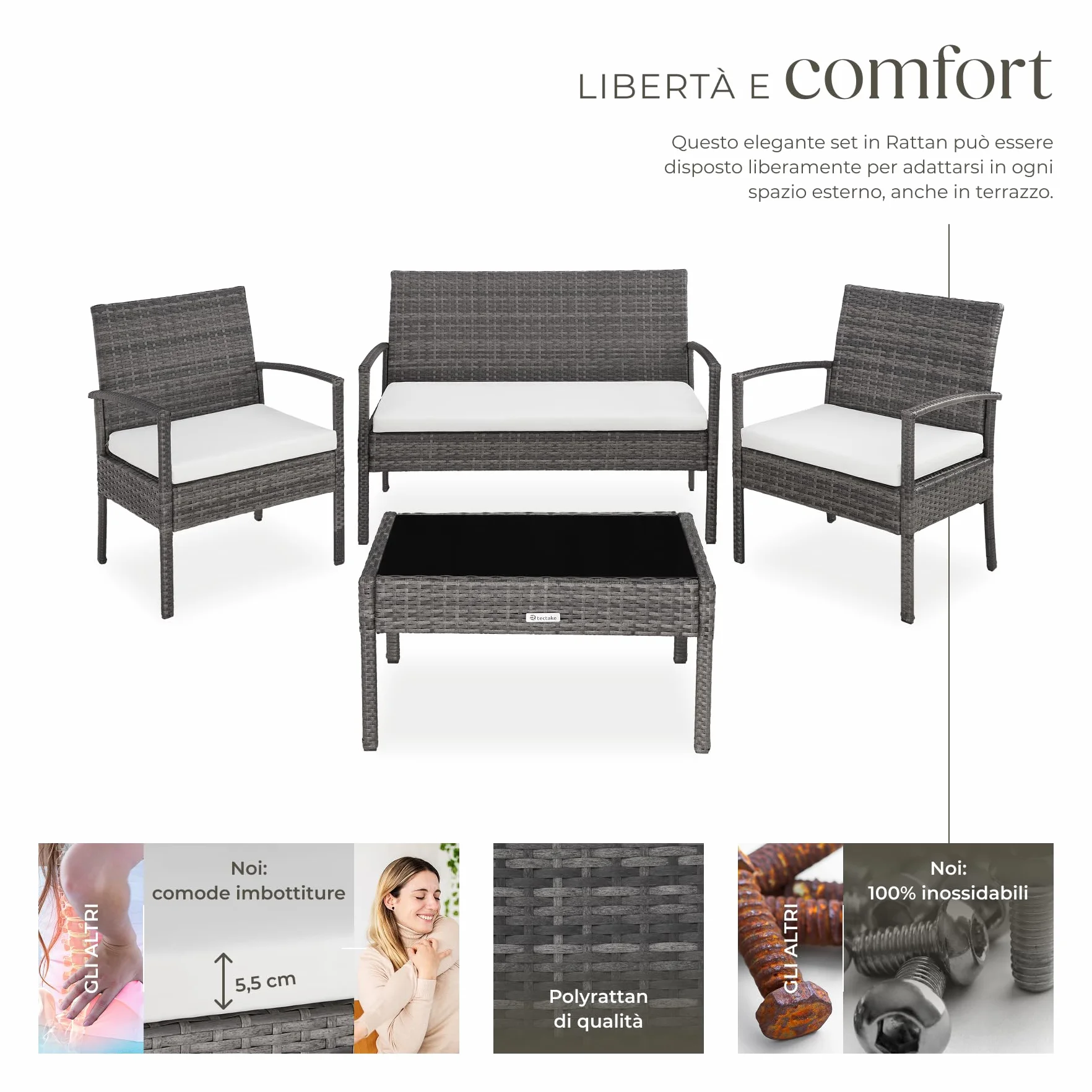 tectake® Set di Mobili in Rattan Sparta, Set Sedie, Panca, Tavolino Salotto con Lastra in Vetro, Comodi Cuscini Idrorepellenti, Ideale per Giardino, Terrazzo, Veranda - Grigio