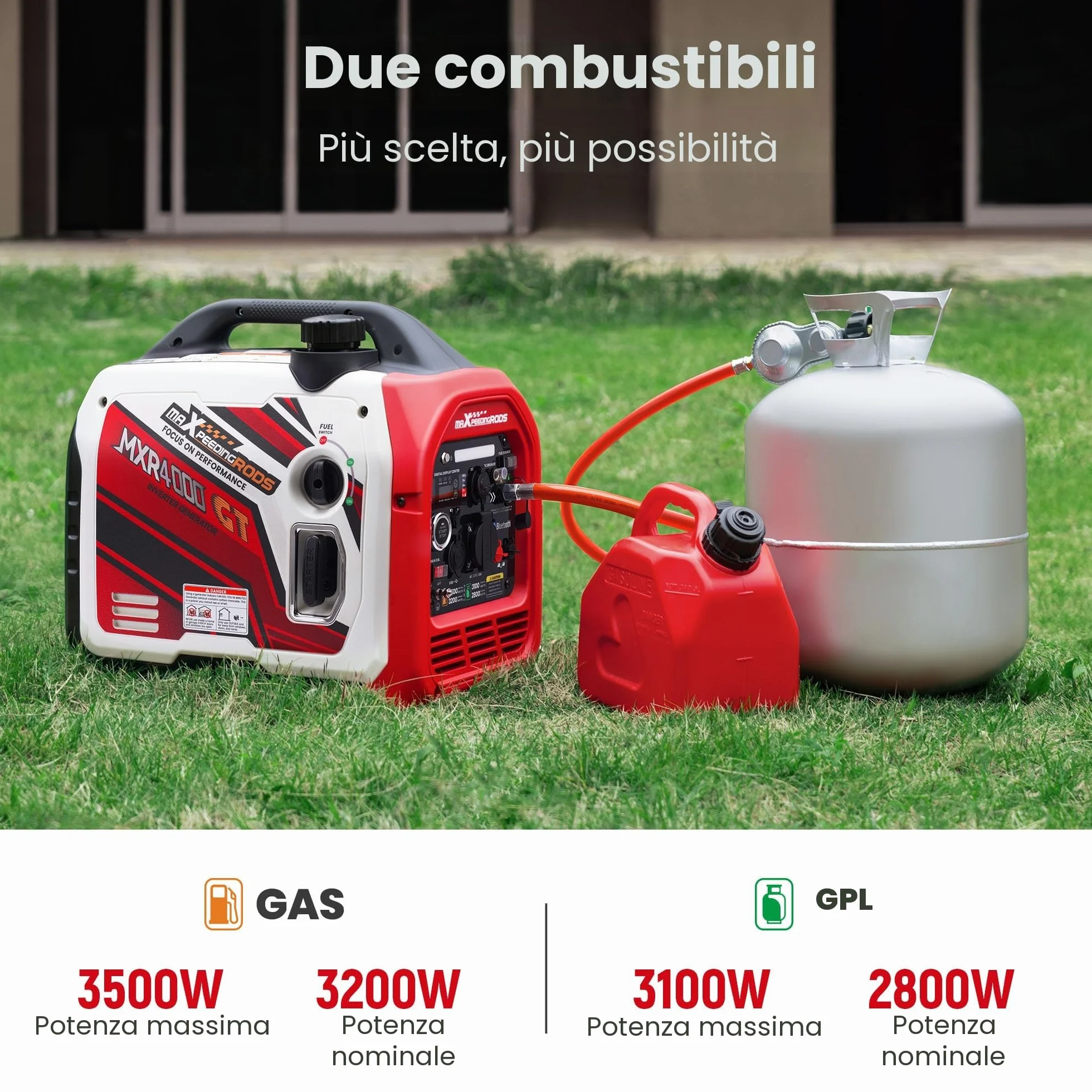 maXpeedingrods Generatore di Corrente Silenziato GPL e Benzina 3500W Inverter con App Bluetooth® Telecomando Portatile 4 Tempi Generatore Emergenza per all'Aperto Campeggio Partito Cantiere Garage