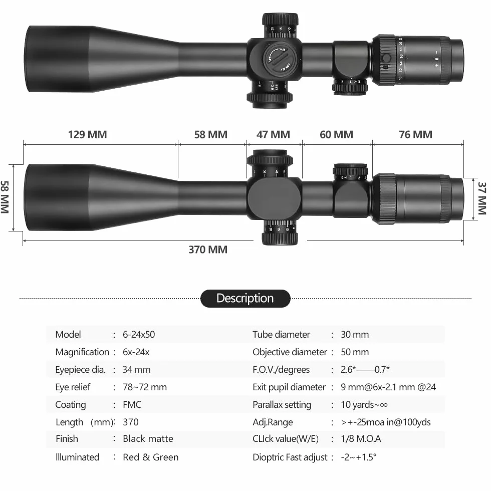 SPINA OPTICS 4-16x44/6-24x50 SFP Riflescope Mil-dot Reticle 20mm Ring Mounts Impermeabile Fogproof Nero 30mm Tubo