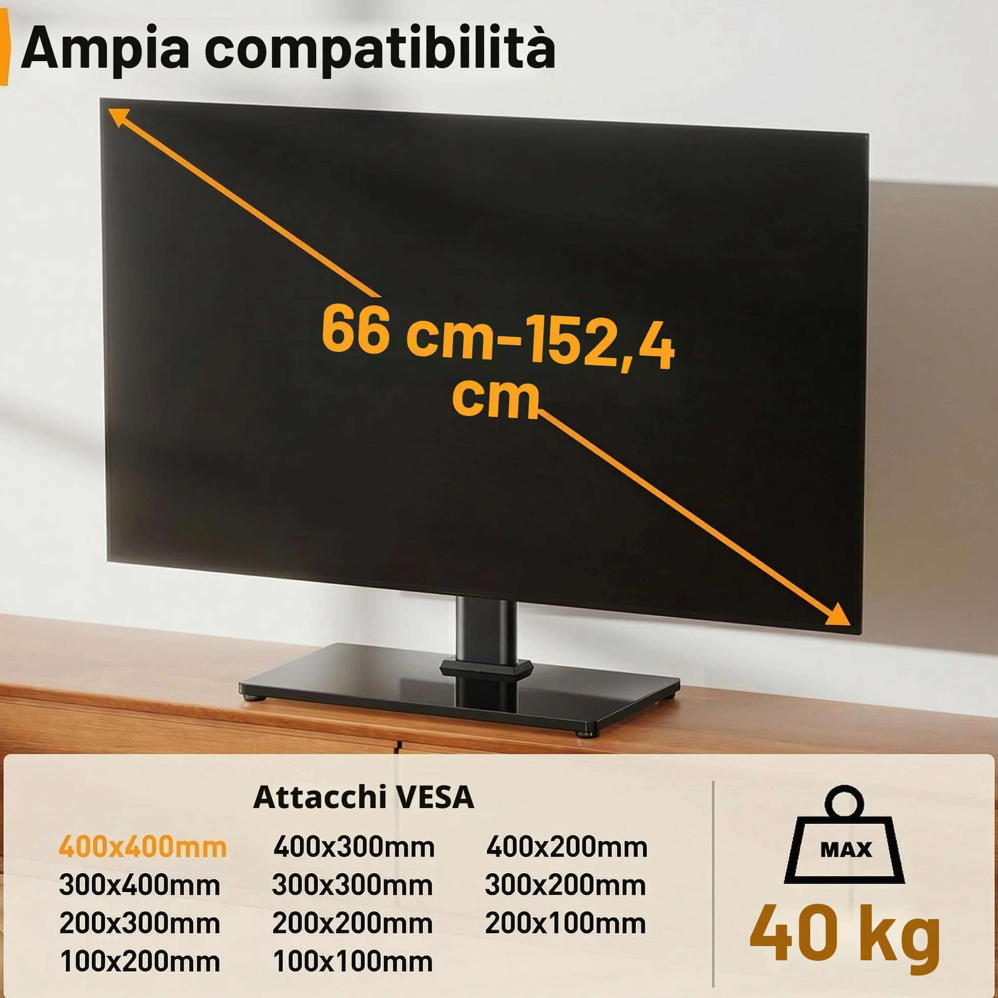 Supporto Girevole da Tavolo per TV 26-60 Pollici Regolabile in Altezza Base Vetro Temperato VESA 400x400mm 40 kg