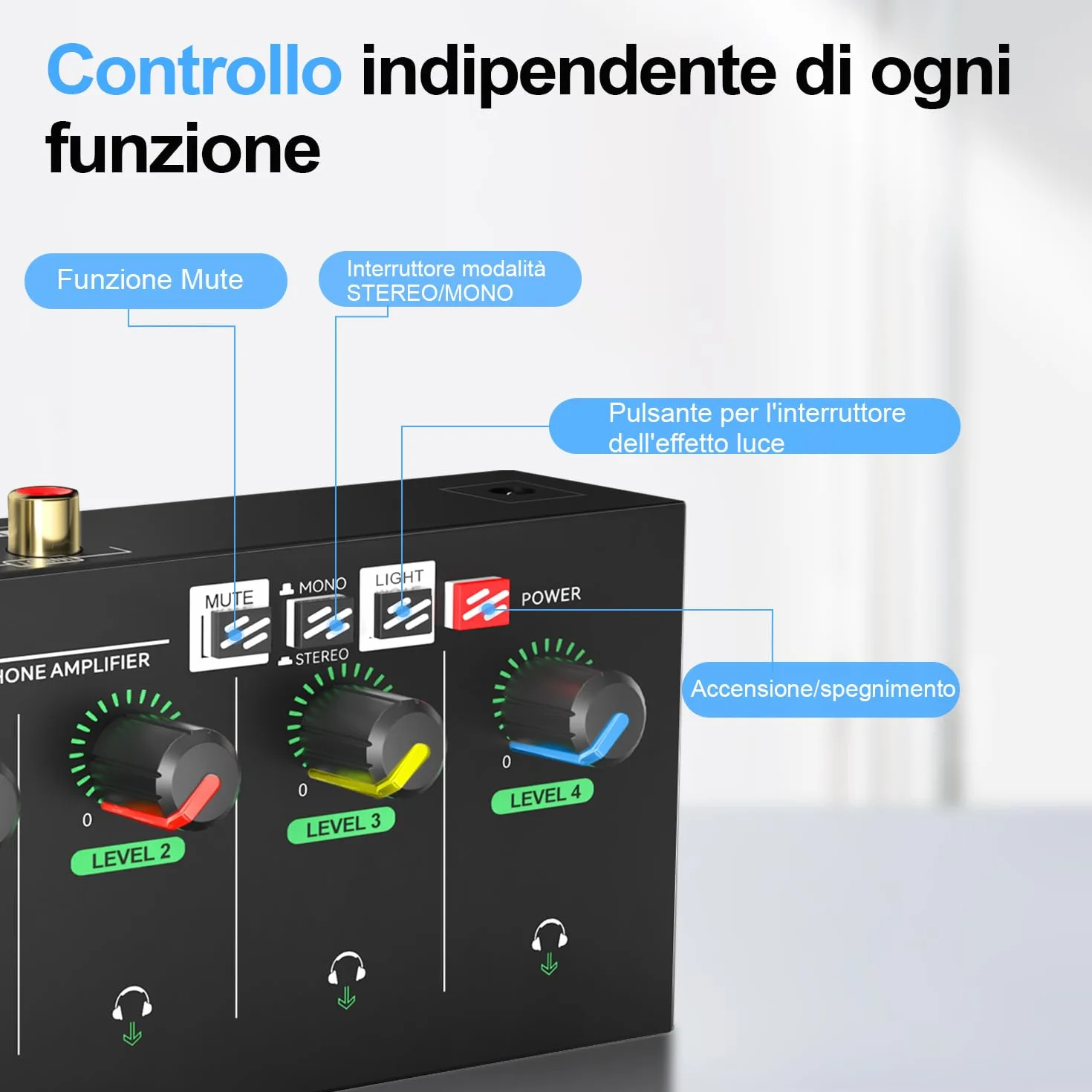 Amplificatore per Cuffie 4 Canali, Mixer Compatto in Metallo con 8 Uscite, Jack 3,5 mm/6,35 mm/RCA, Interruttore Stereo, Mute, Luce RGB