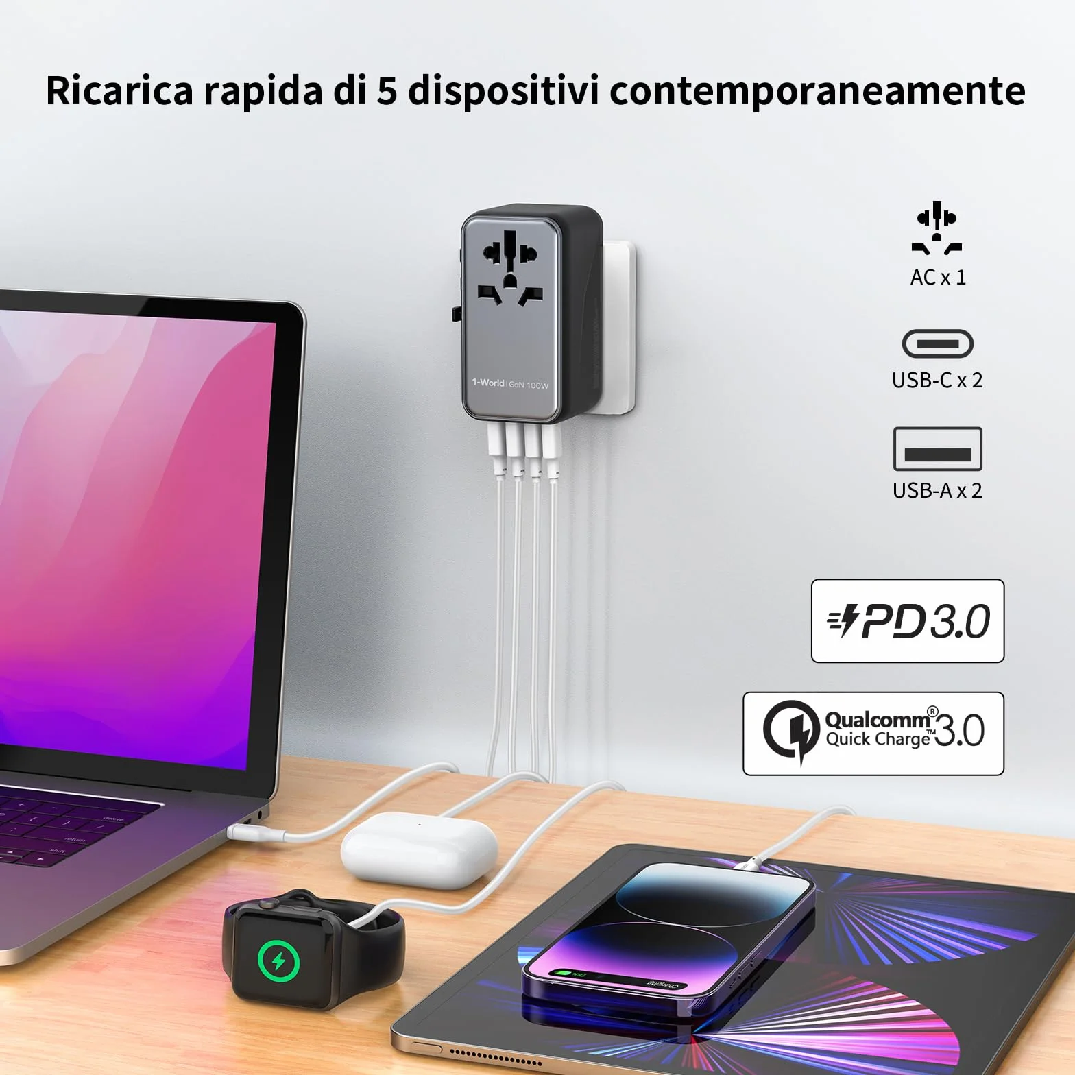 MOMAX Adattatore Universale da Viaggio 100 W 5-in-1 USB-C USB-A AC Presa Universale 224+ Paesi