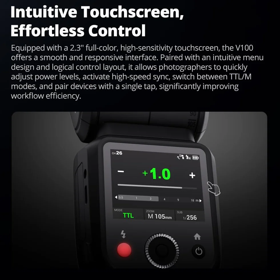Godox V100N Flash a testa tonda Touch Screen, 100Ws, Global Shutter 1/80000, HSS 1/8000, batteria al litio, lampada LED 10 livelli per Nikon