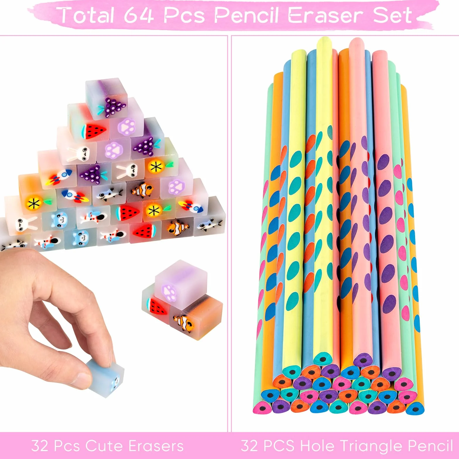 64Pcs Matite con Gomma Bambini, Gomme Cancellare Divertenti, Matite Bambini Regalini Festa Compleanno