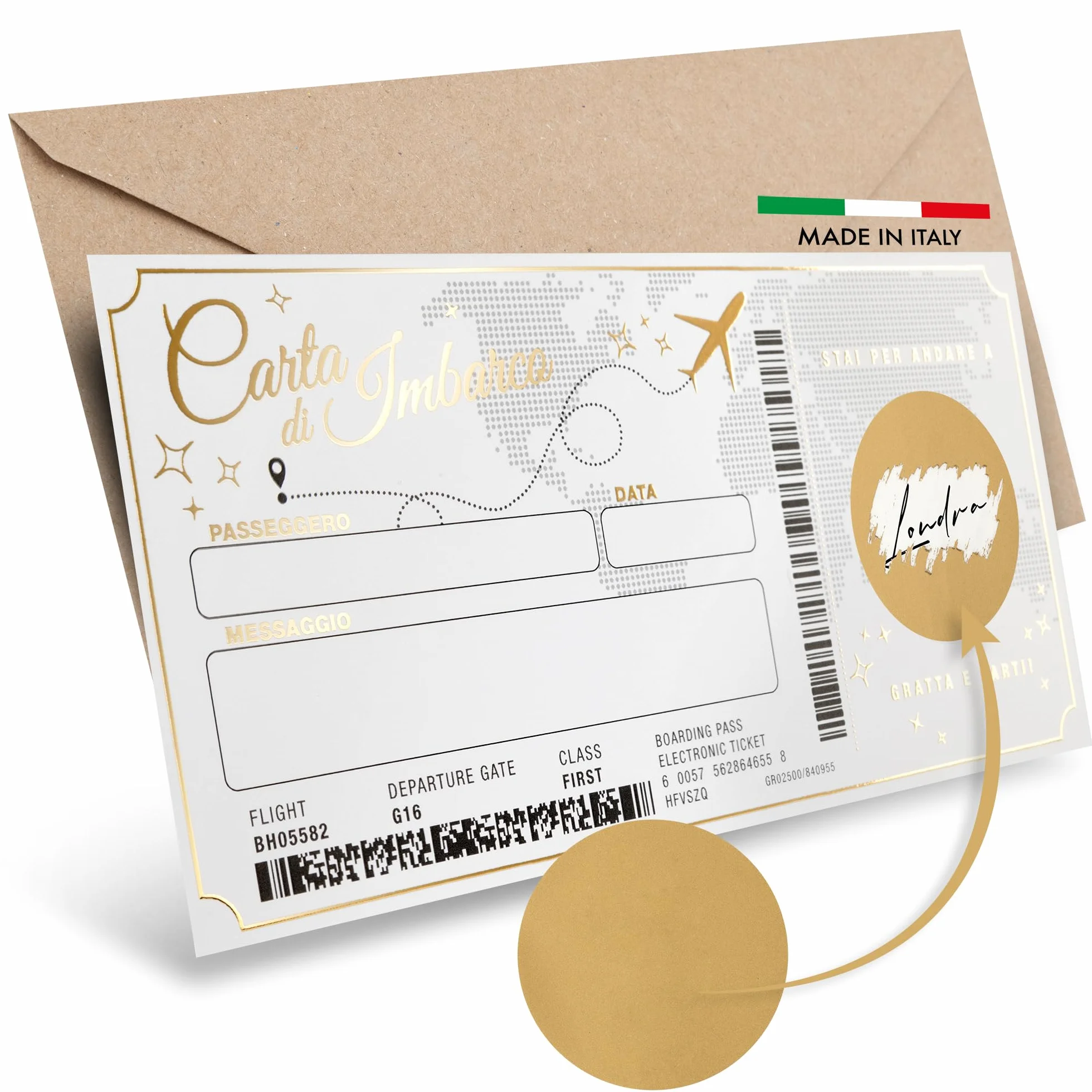 SIMAITALIA Biglietto Viaggio Sorpresa da Grattare - Elegante Regalo per Viaggiatori Personalizzabile (Bianco e Oro)