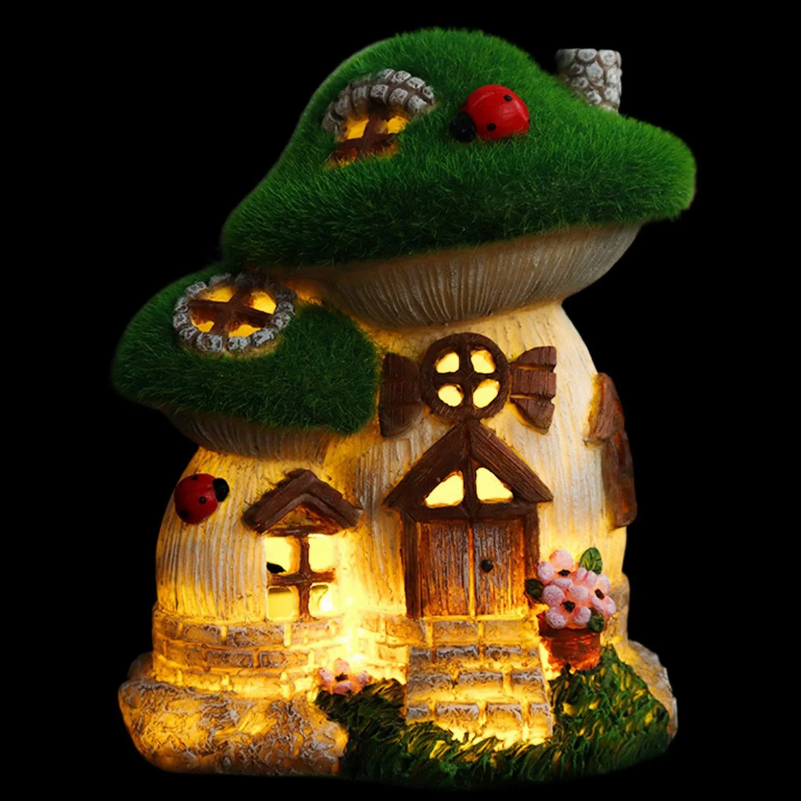 Casa delle fate a energia solare, casetta incantata in resina, statua da giardino, 13,5 x 11,3 x 16,5 cm, decorazione da giardino fantasia, luce a LED, decorazione per esterni resistente alle
