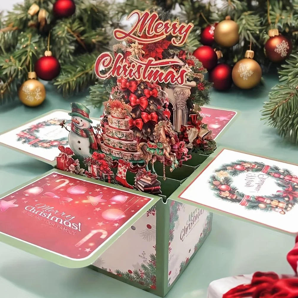 Biglietto Auguri Natale Pop-Up 3D con Albero e Pupazzo di Neve, Busta Inclusa