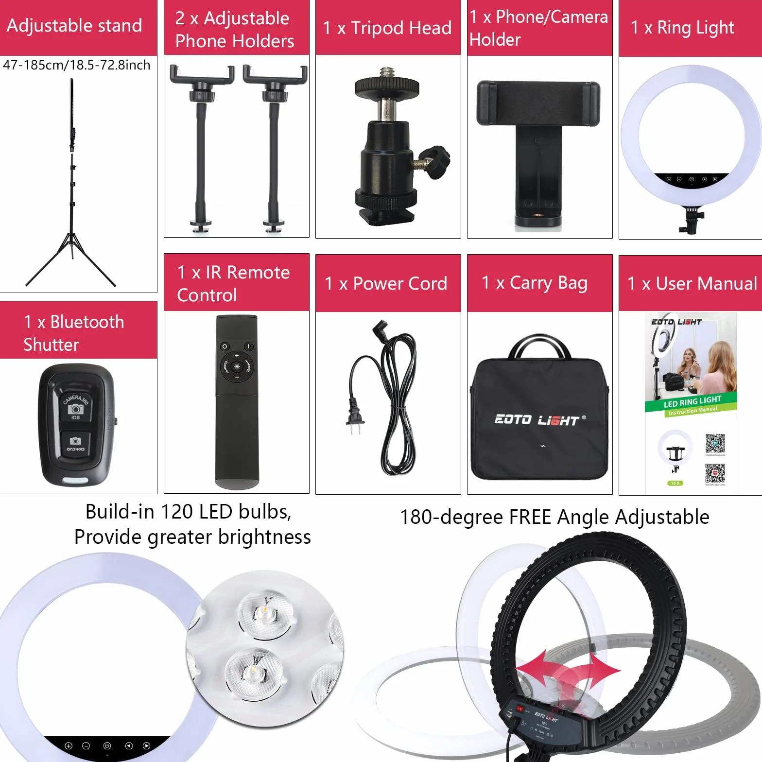 EOTO LIGHT Luce ad anello a LED da 18 pollici con treppiede per selfie e video Vlog CRI>90