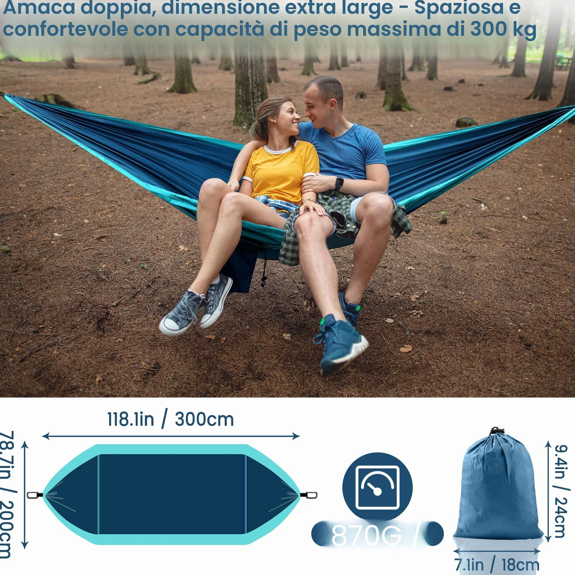 Amaca Matrimoniale XXL 300x200 cm 300 kg Portata Esterno Giardino Campeggio Portatile Blu