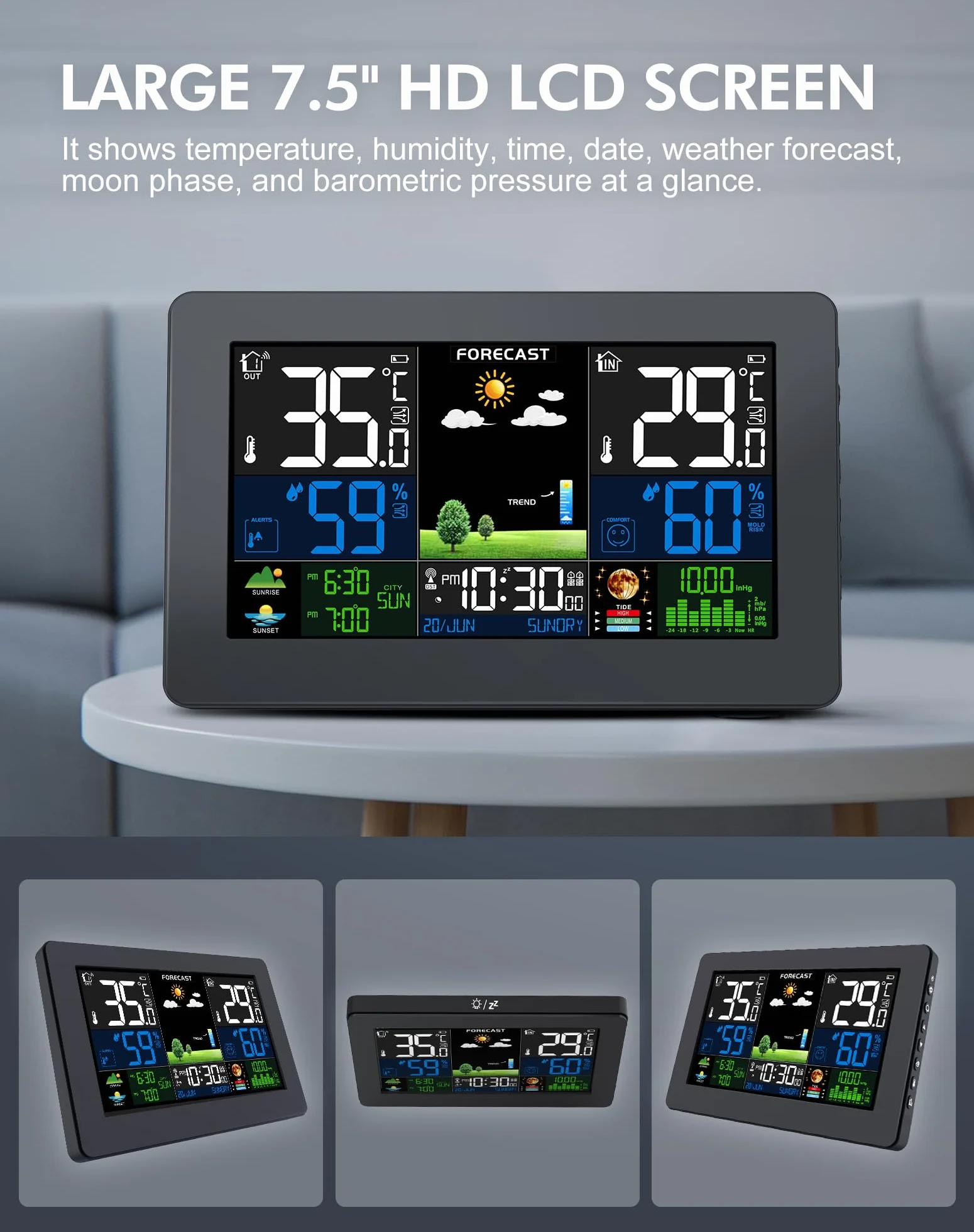 Stazione Meteo con Sensore Esterno, Barometro Digitale LCD Wireless DCF, Sveglia, Fase Lunare