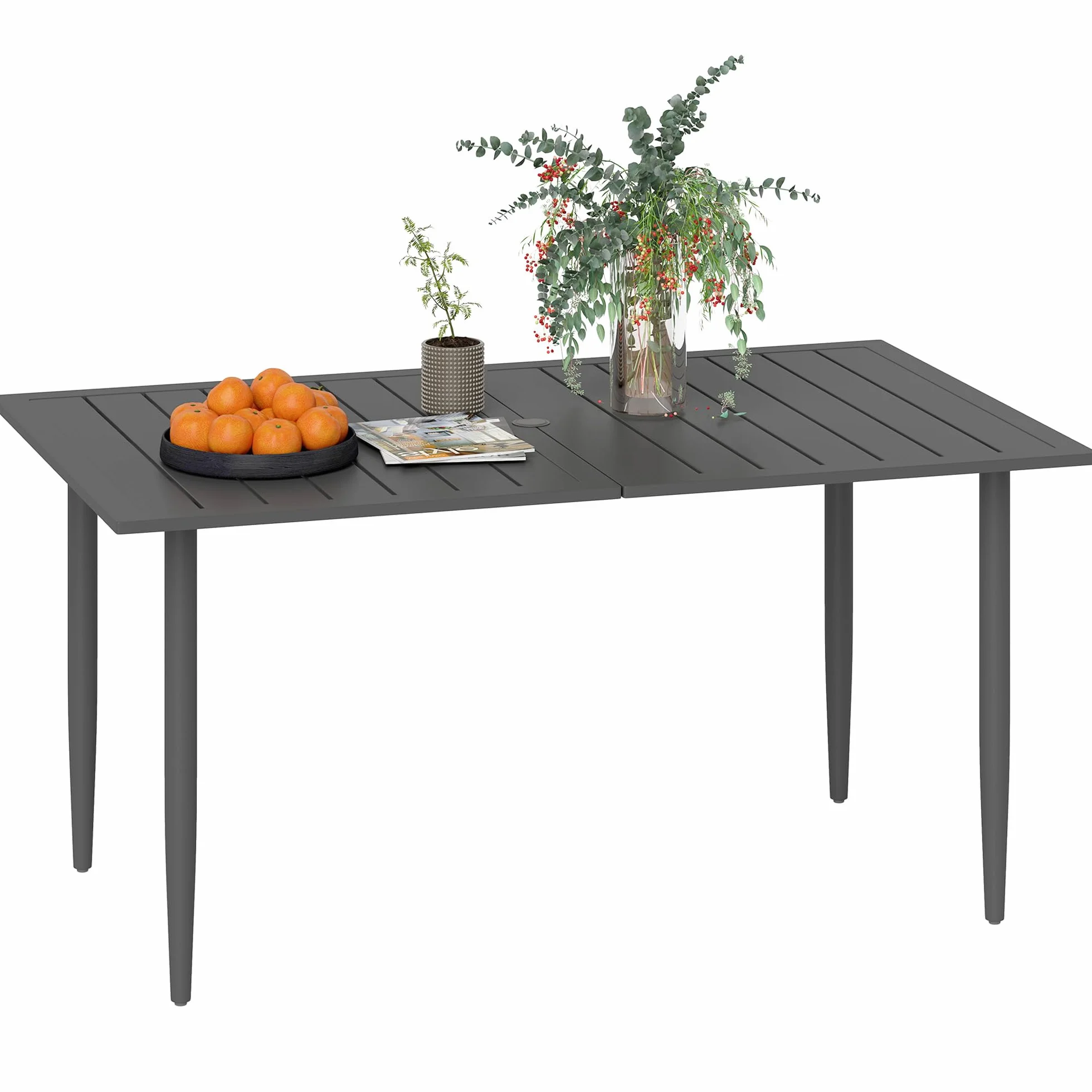 Outsunny Tavolo da Giardino Rettangolare 150x90x73 cm, Tavola da Pranzo per 6 Persone con Design a Doghe e Foro per Ombrellone in Acciaio, Per Patio, Terrazzo, Balcone ed Esterno, Nero