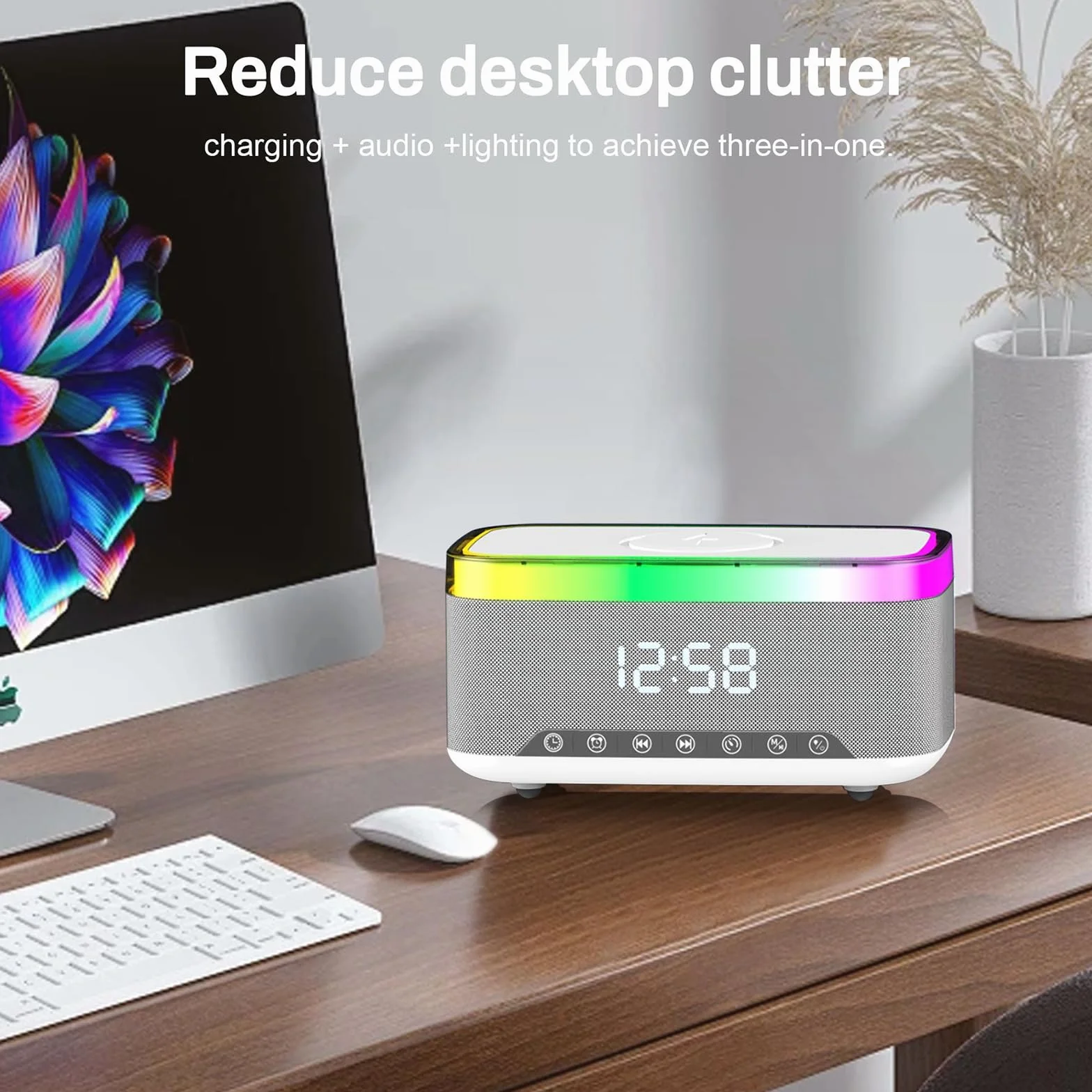 Sveglia digitale con stazione di ricarica e altoparlante Bluetooth, luce notturna da 15 W, caricabatterie wireless per iPhone Samsung