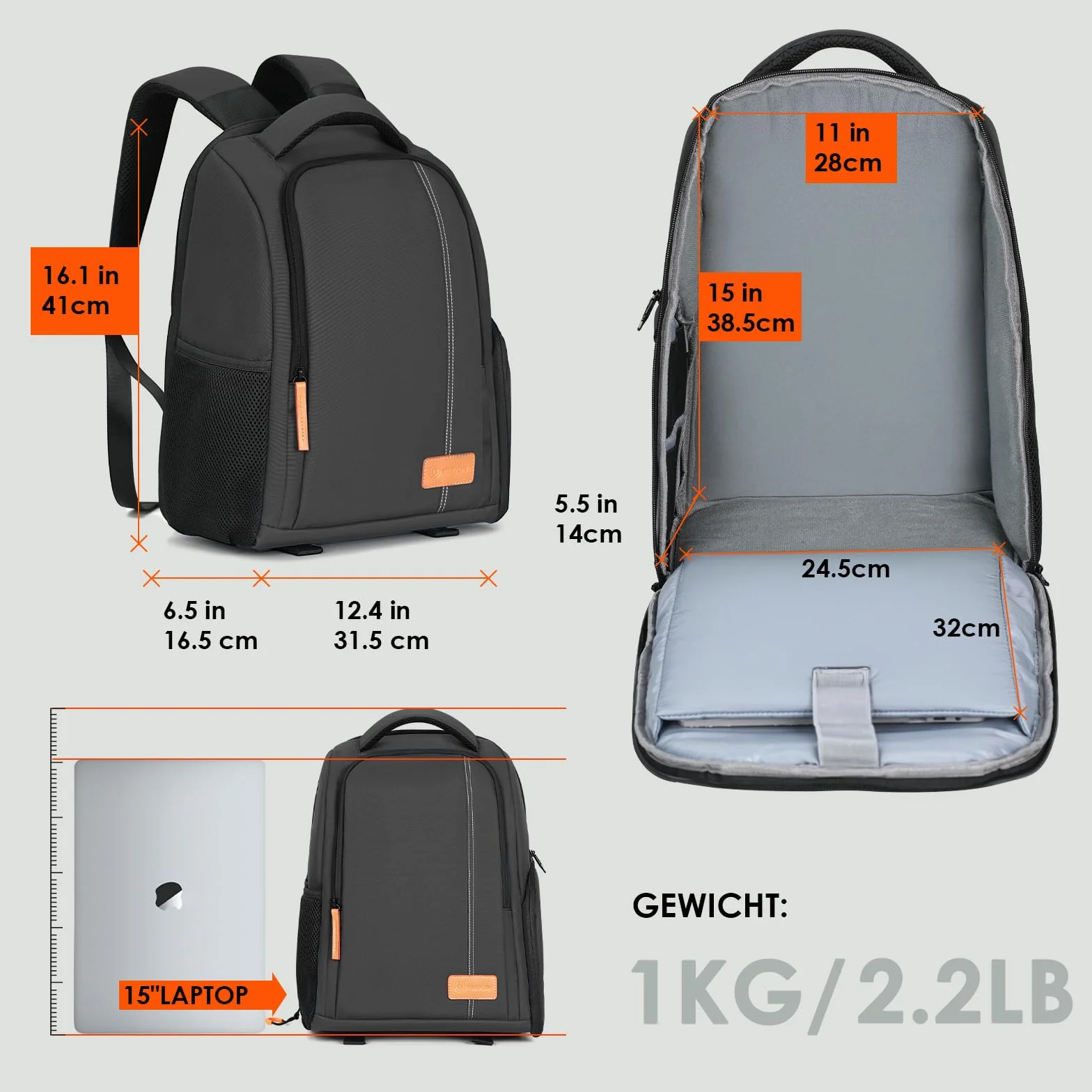 TARION Zaino Fotografico Professionale Borsa per Fotocamera Reflex DSLR con Custodia per Laptop 15" Copertura Antipioggia TB-04
