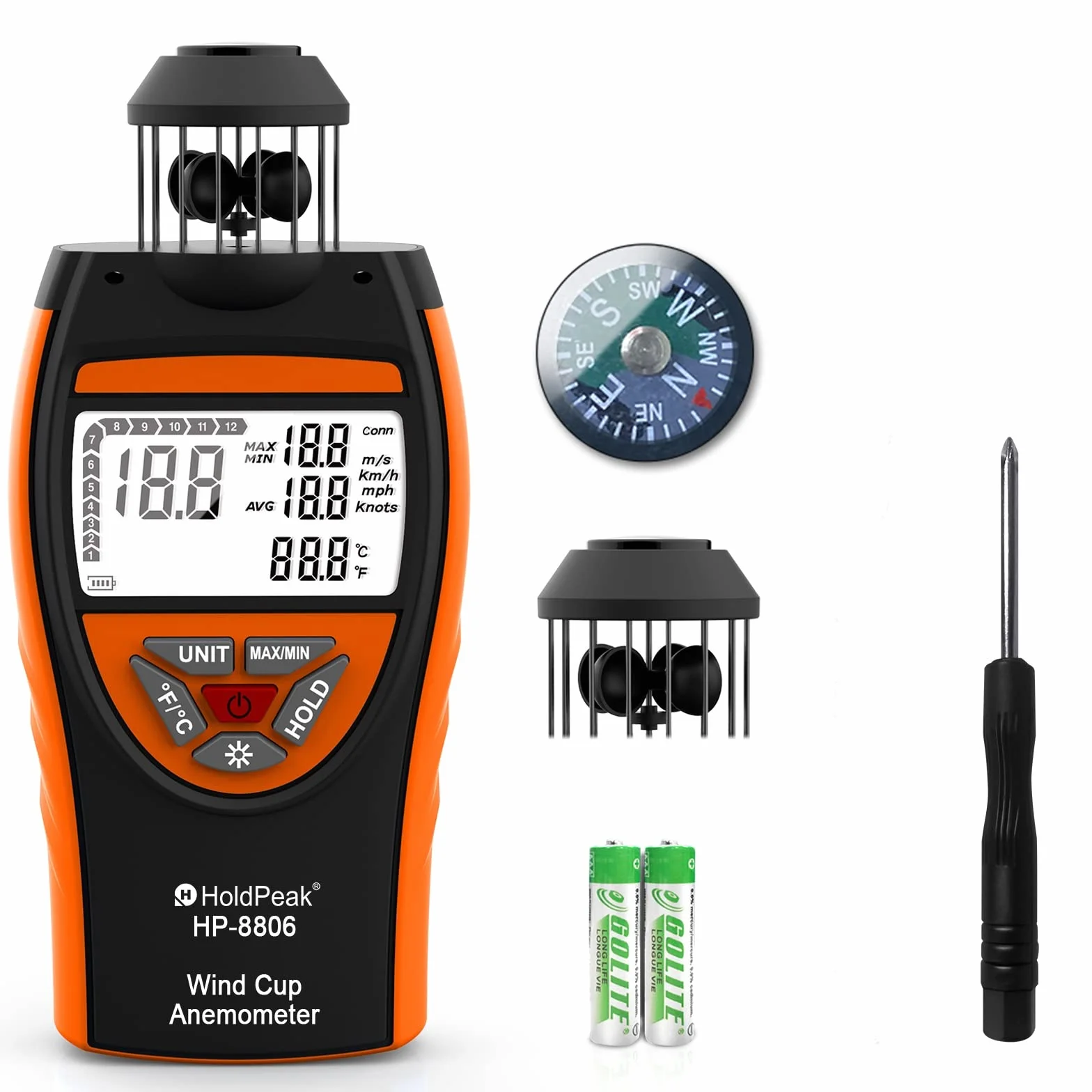 Anemometro a Tazza per Esterno, Anemometro Digitale HoldPeak 8806 ±4% Alta Precisione 0.7~42m/s Misuratore Velocità Vento, Temperatura del Vento, per le Riprese, Pesca,Vela, Kitesurf