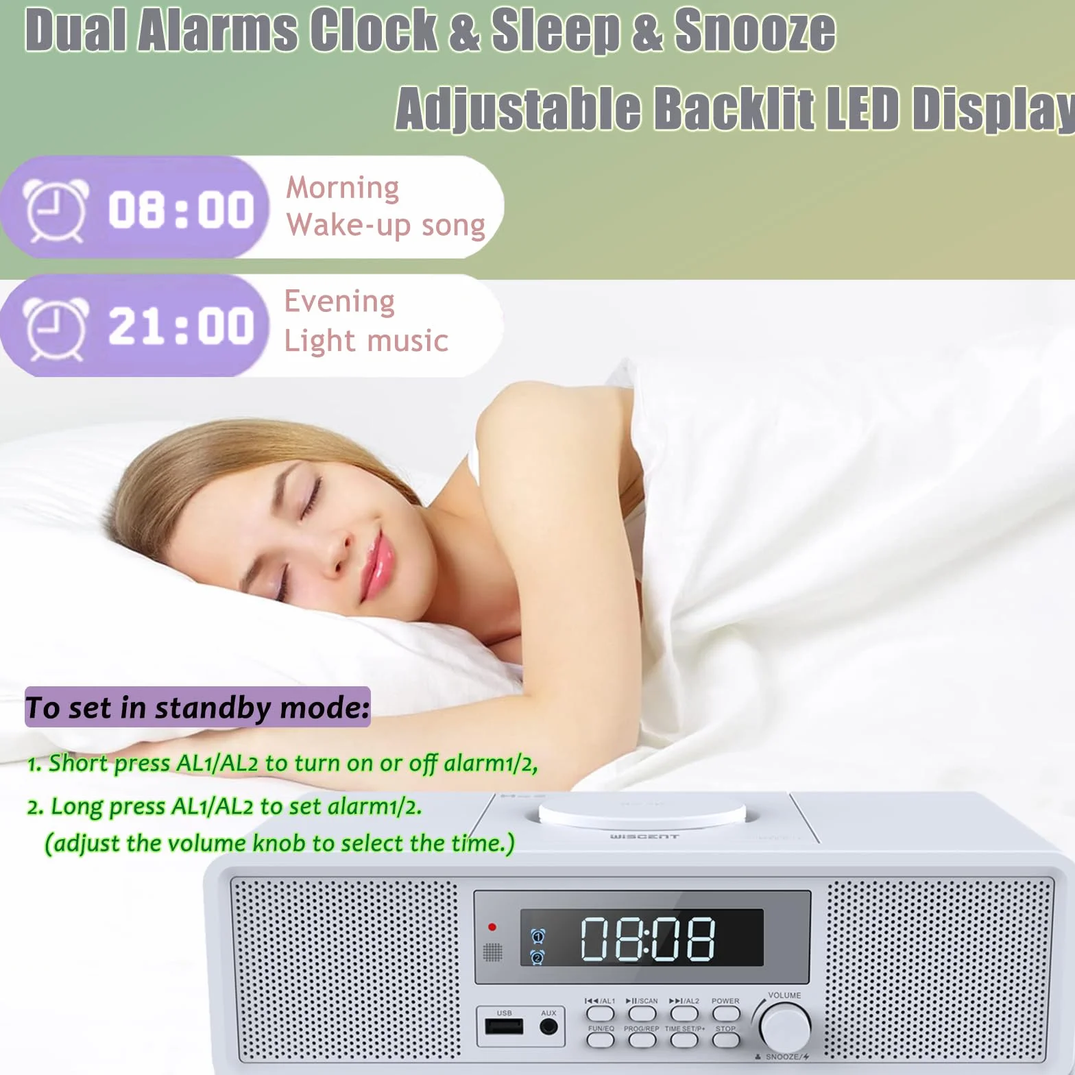 Radio Compatta con Lettore CD, Sistema Audio 20 W RMS, Bluetooth, USB, MP3, AUX, Sveglia Digitale