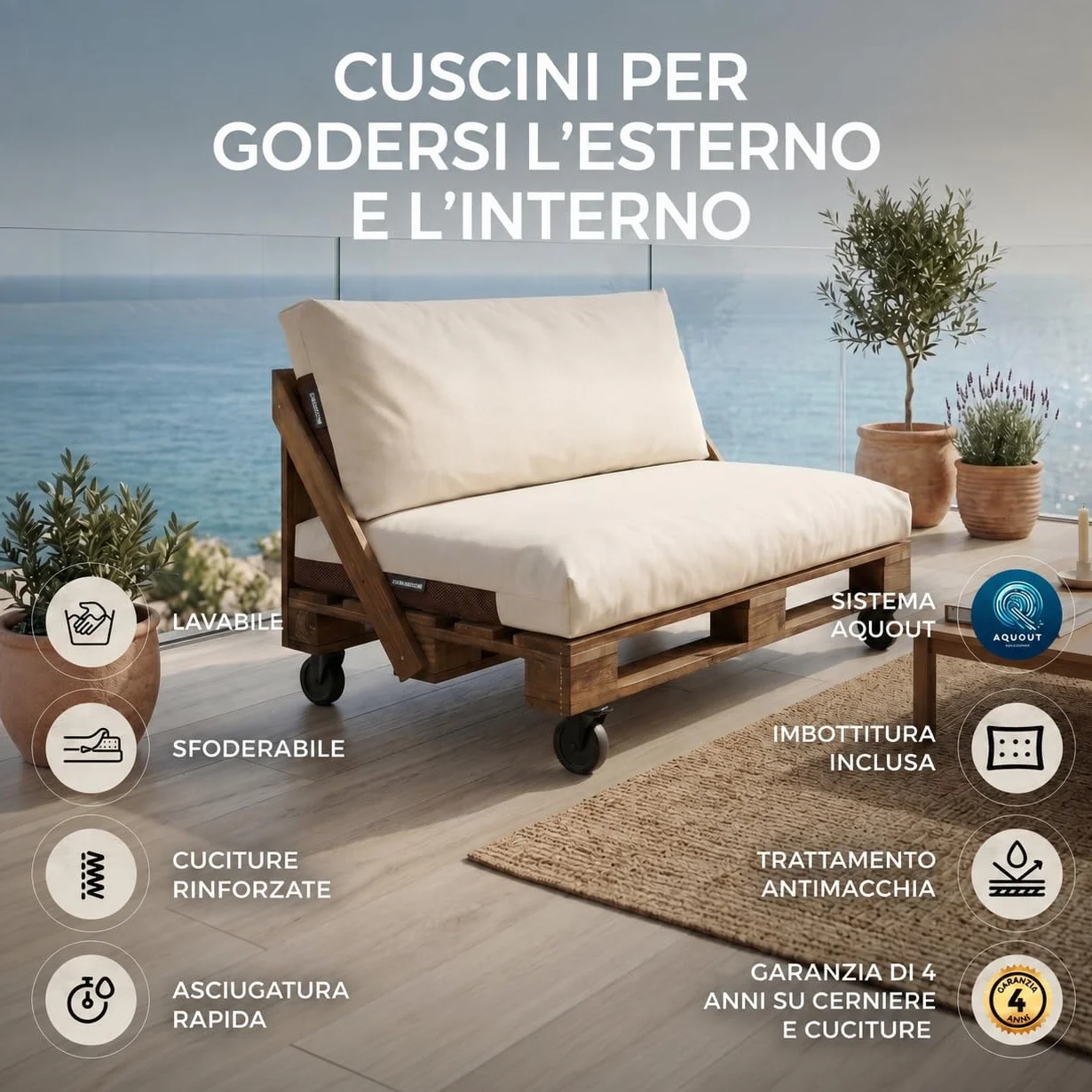Happers Set Cuscini per Pallet da Esterno 120x80 + 120x45 cm Grigio Chiaro Antimacchia Sfoderabile