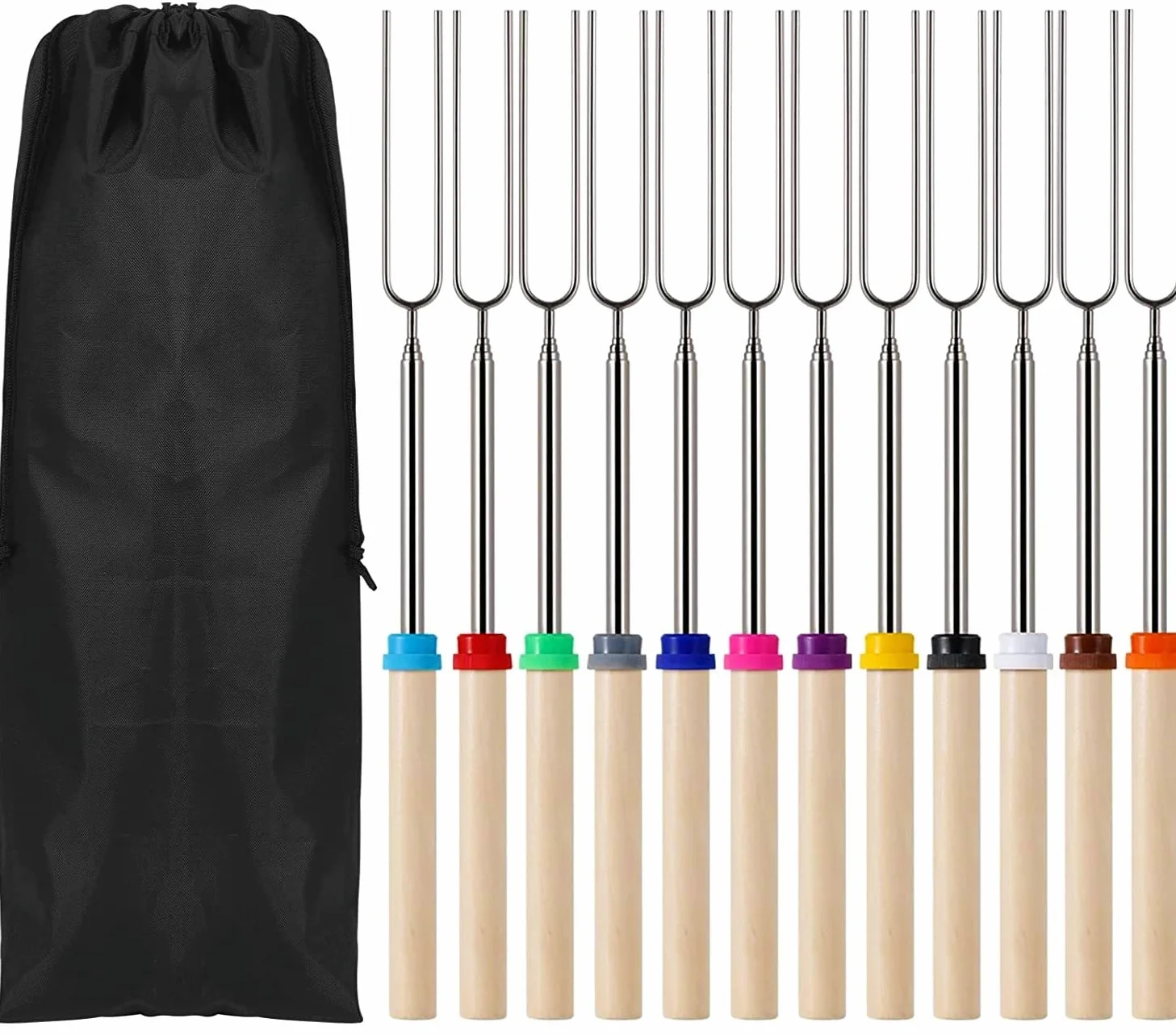 KAHEIGN 12 Pezzi Forchette per Tostare Marshmallow, 12 Colori Forchette per Barbecue in Acciaio Inossidabile Telescopico da 31CM a 81CM Bastoncini per Tostare Marshmallow Spiedini Smores al Fuoco