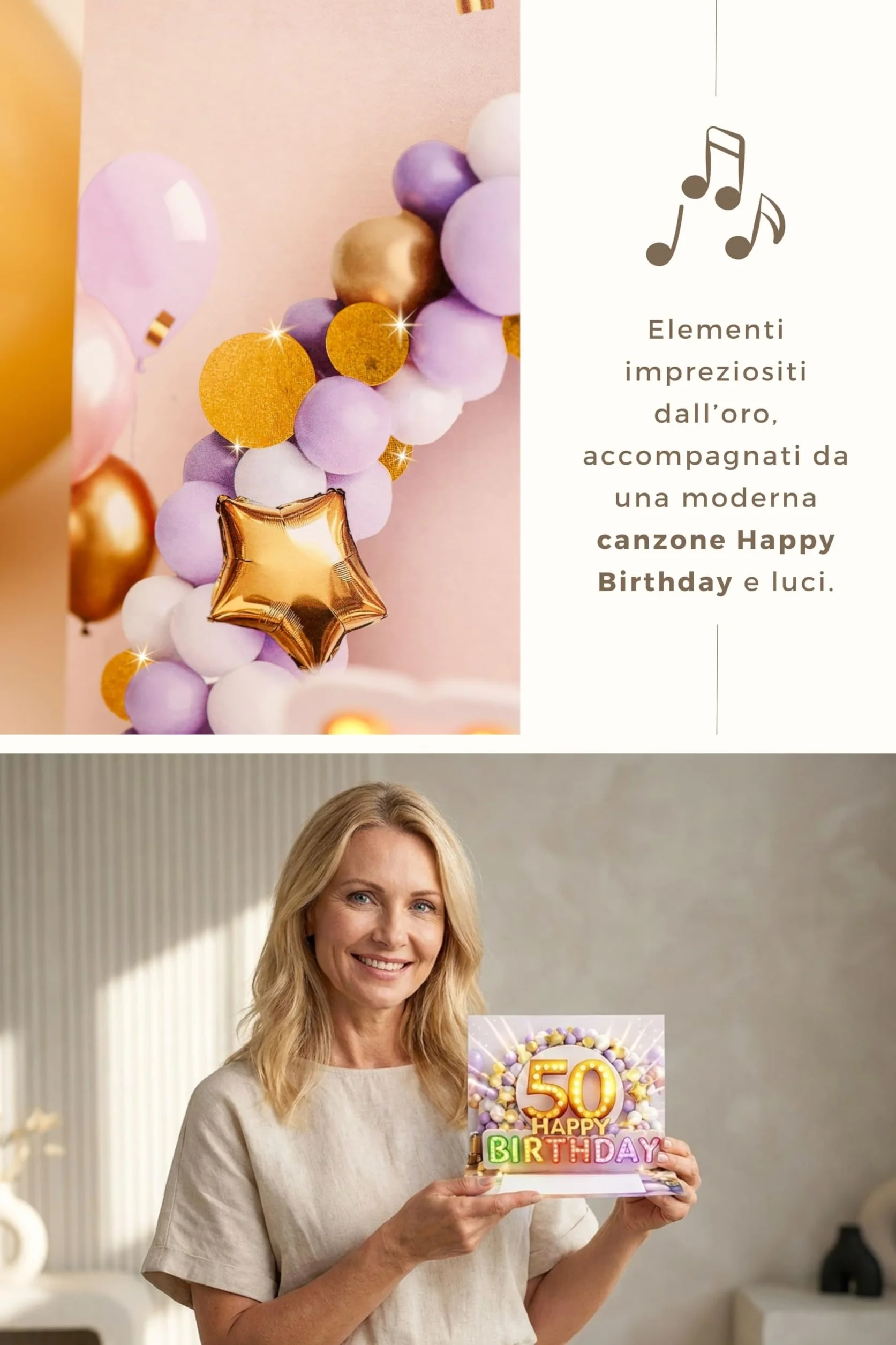 Joli Coon Biglietto auguri 50 anni donna pop up 3D con musica e luce, busta e adesivo sigillo 20×15 cm