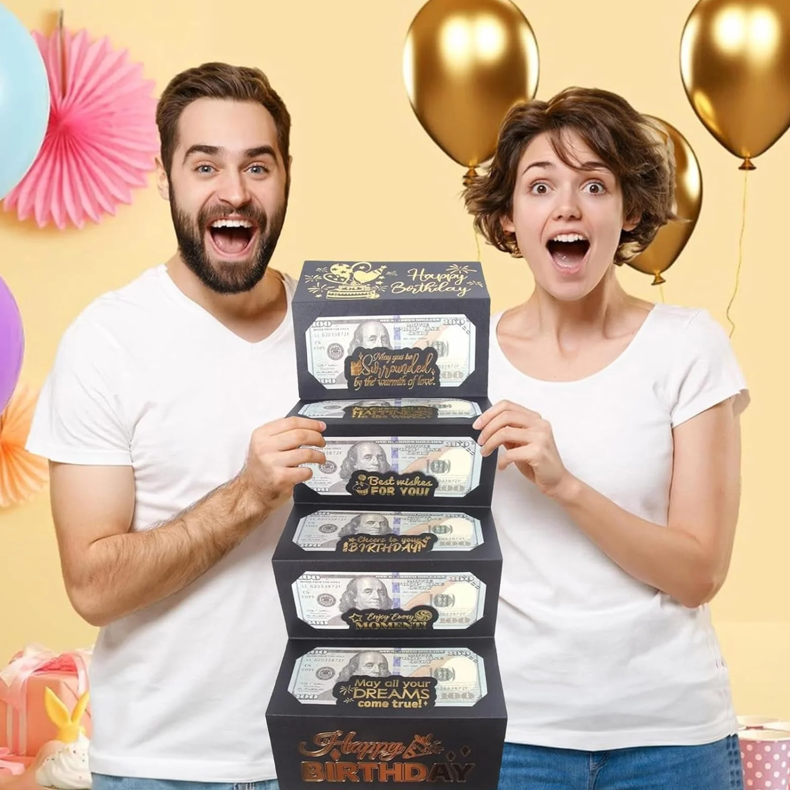 Biglietto Auguri Compleanno con Busta Nero Oro per Regali in Contanti Uomo Donna