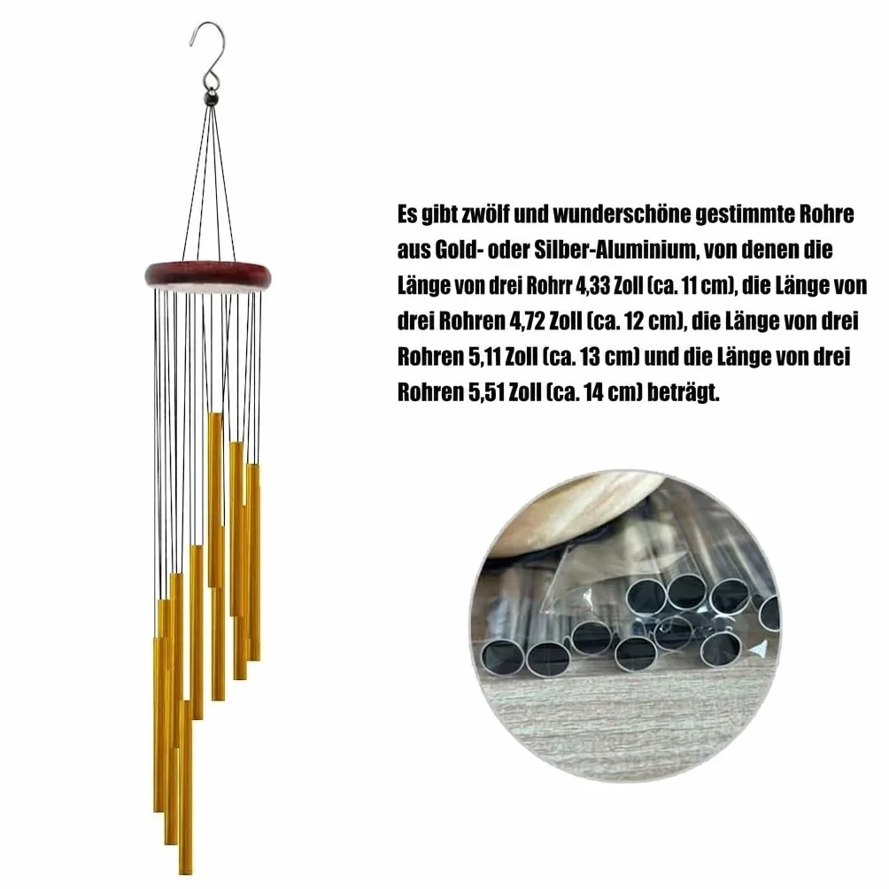 Campane eoliche, per esterni, con 12 tubi in alluminio, 23 pollici, per giardino, patio, decorazione per la casa, idea regalo (argento)