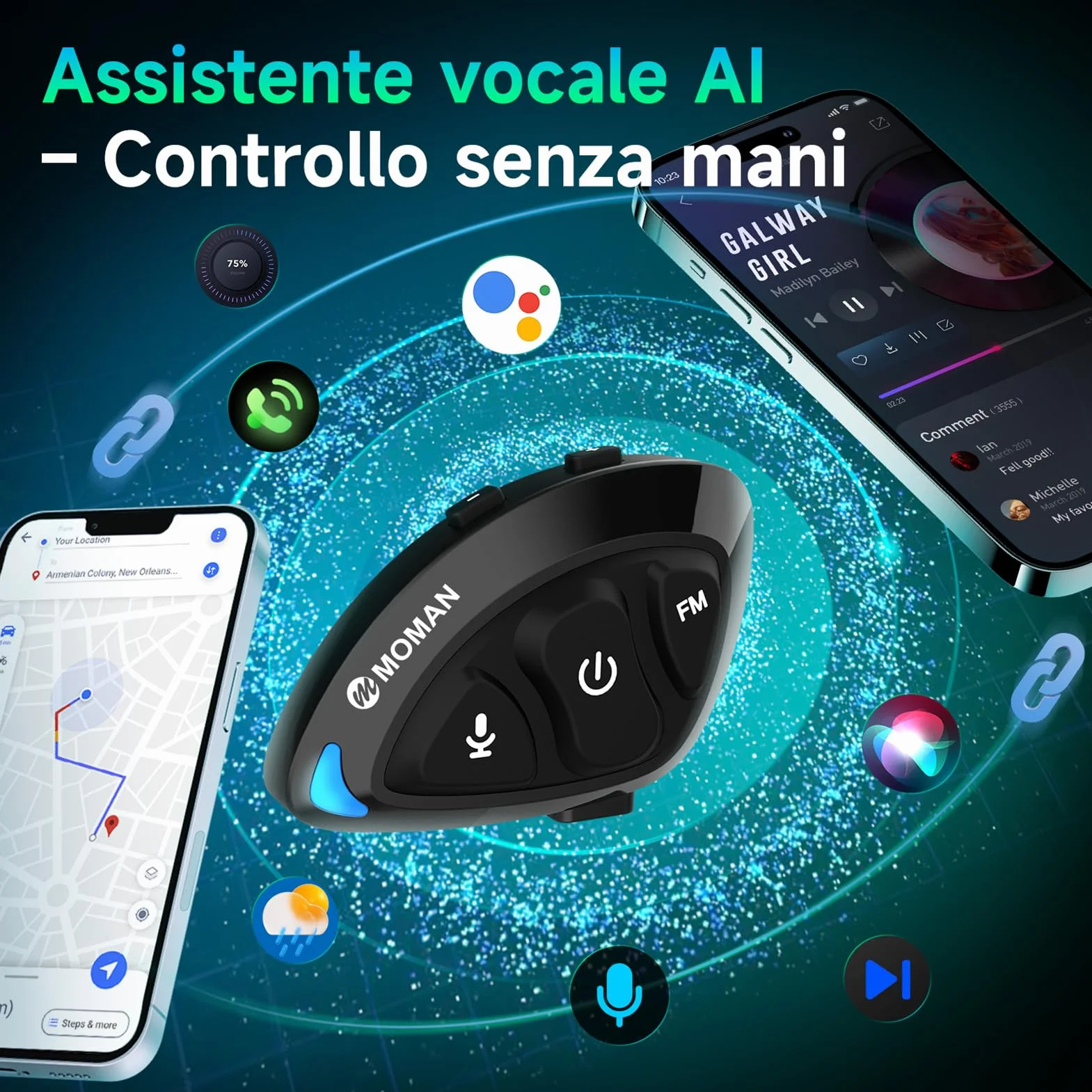 Moman Auricolare Moto RS-S Cuffie Casco Stereo HI-FI Riduzione del Rumore Radio FM IPX6 Impermeabile