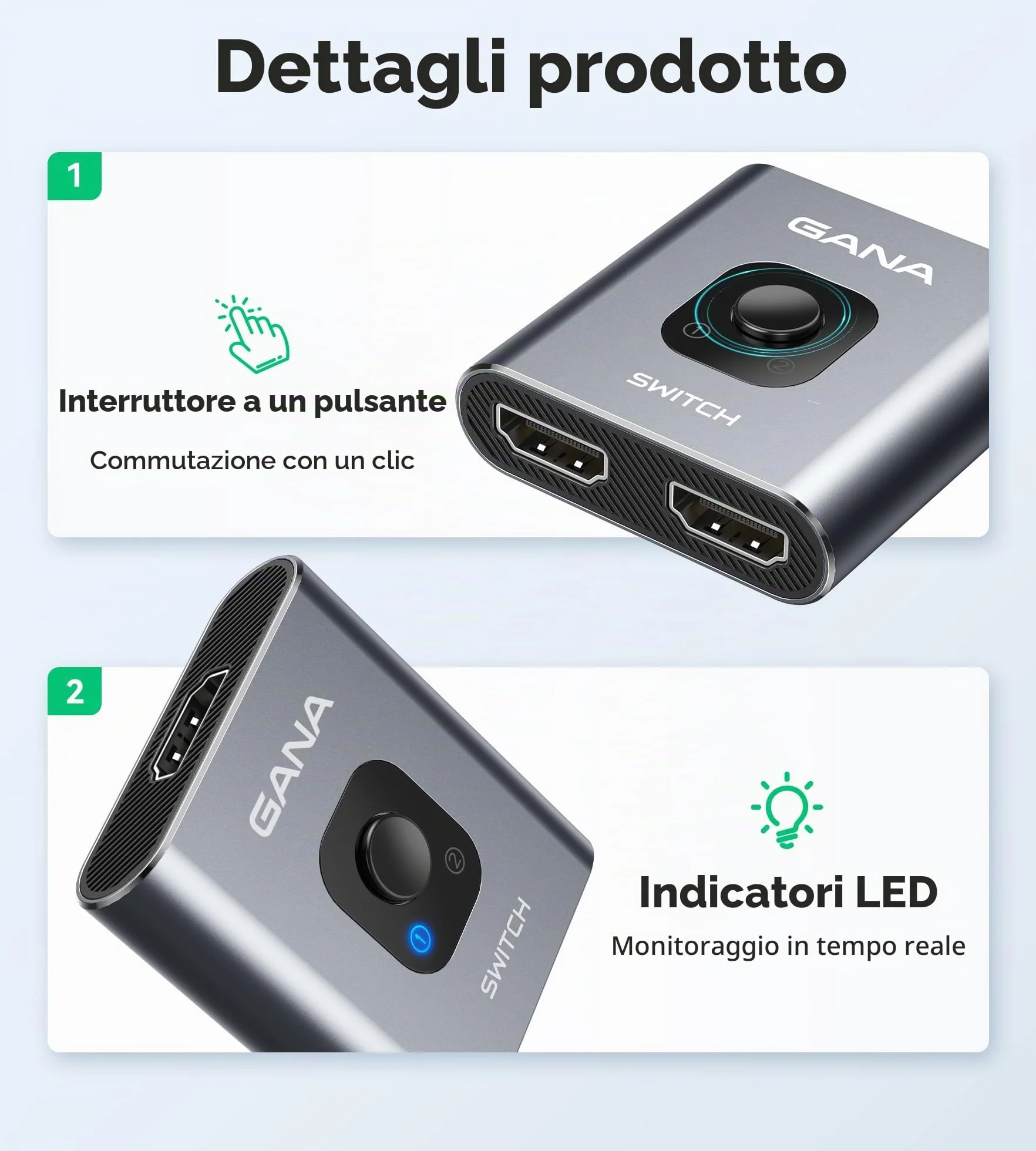 GANA Sdoppiatore HDMI Switch 4K Bidirezionale 2x1 Alluminio per TV Xbox PS5