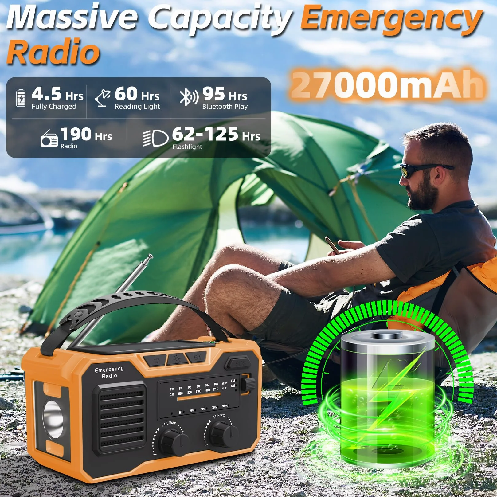 Radio a Manovella 27000mAh FM/AM Bluetooth 5.3 Solare Dinamo Allarme SOS Torcia Elettrica Arancione