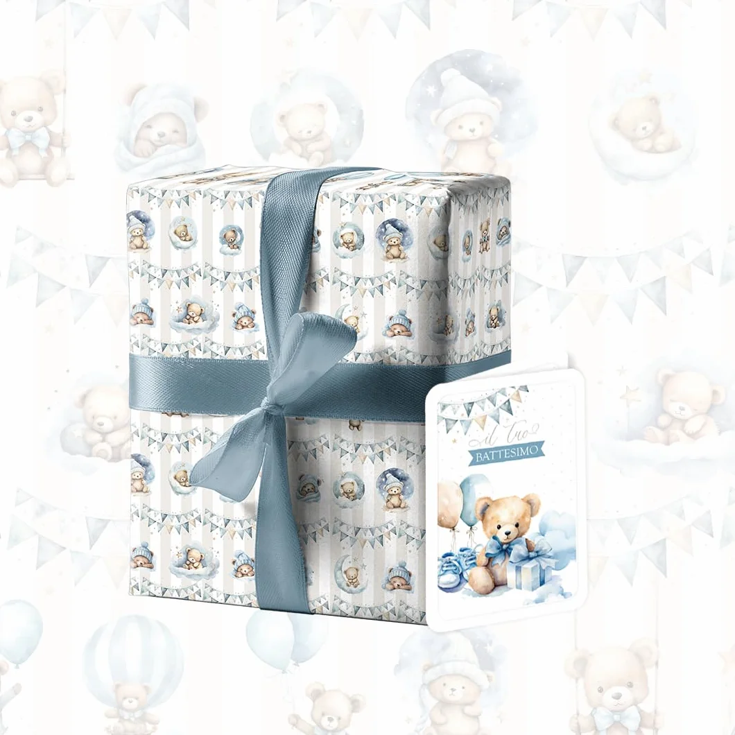 Set Battesimo Biglietto e Carta da Regalo Orsetto Blu 16x12 cm 100x70 cm