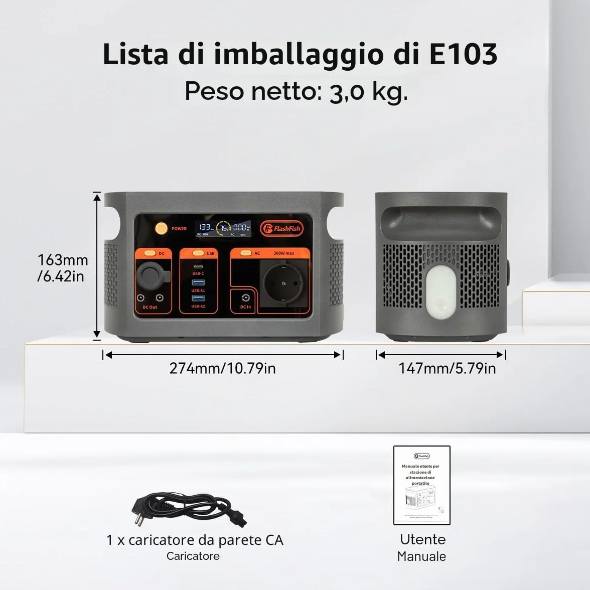 FlashFish 300W Stazione di alimentazione portatile con pannello solare 100W, batteria LiFePO4 da 179,2Wh, ricarica rapida 0–80% in 1 ora, funzione EPS, generatore solare multifunzionale per campeggio