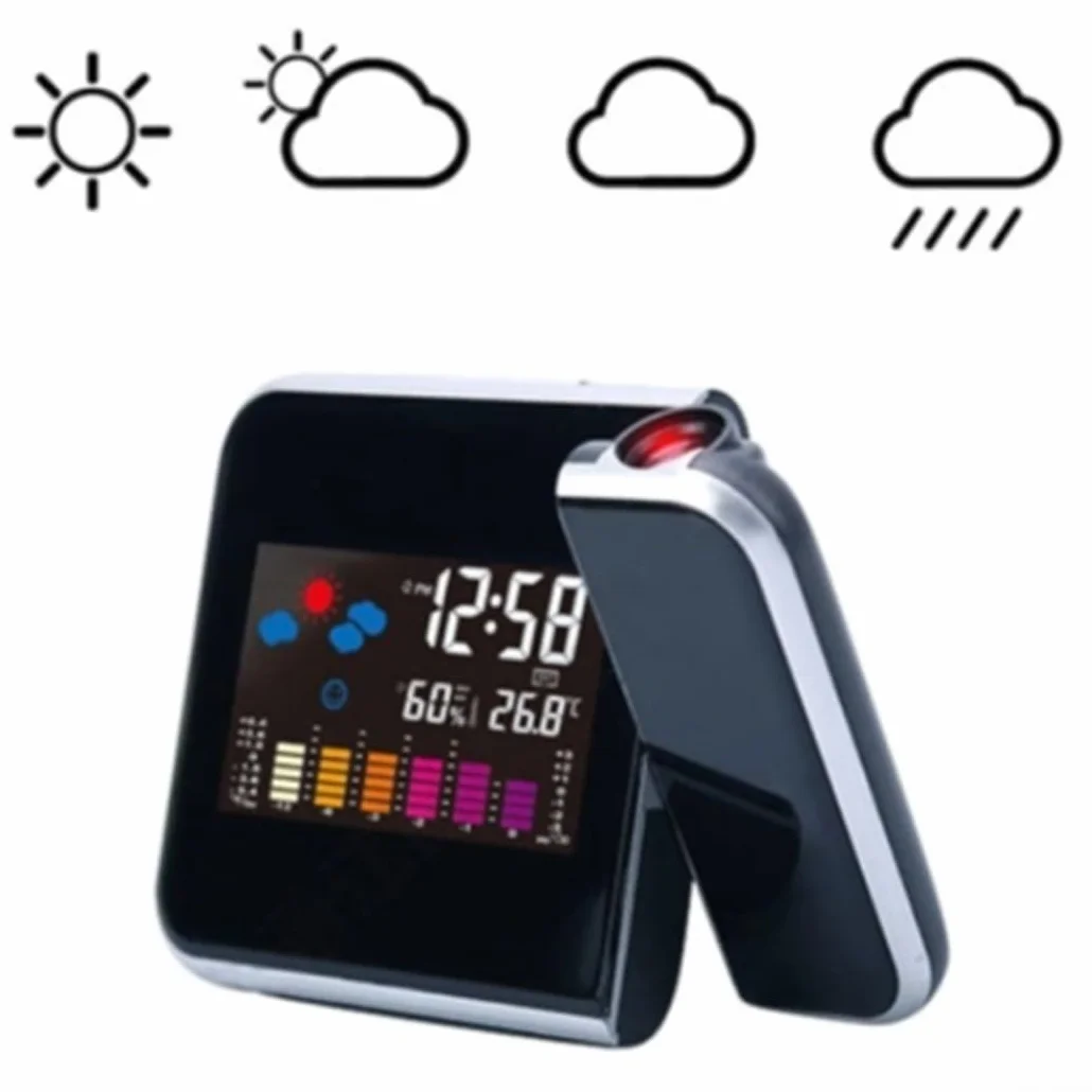 Sveglia a Proiezione con Display LED, Termometro Meteo, Schermo LCD, Funzione Snooze, Porta USB (Nero)