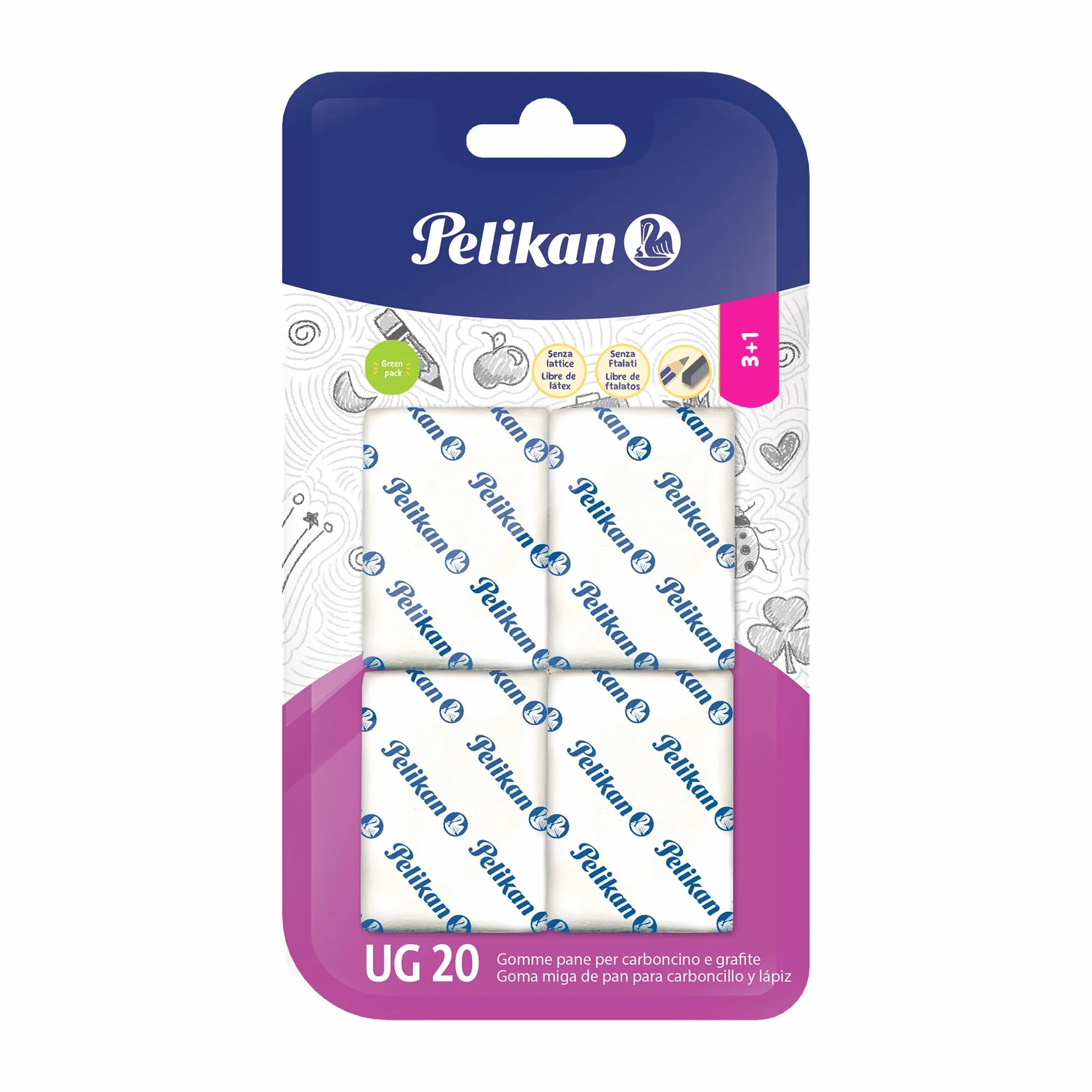 Pelikan Gomme de Cancellare UG20 Gomma Bianca 4 Pezzi per Disegno Tecnico e Scolastico
