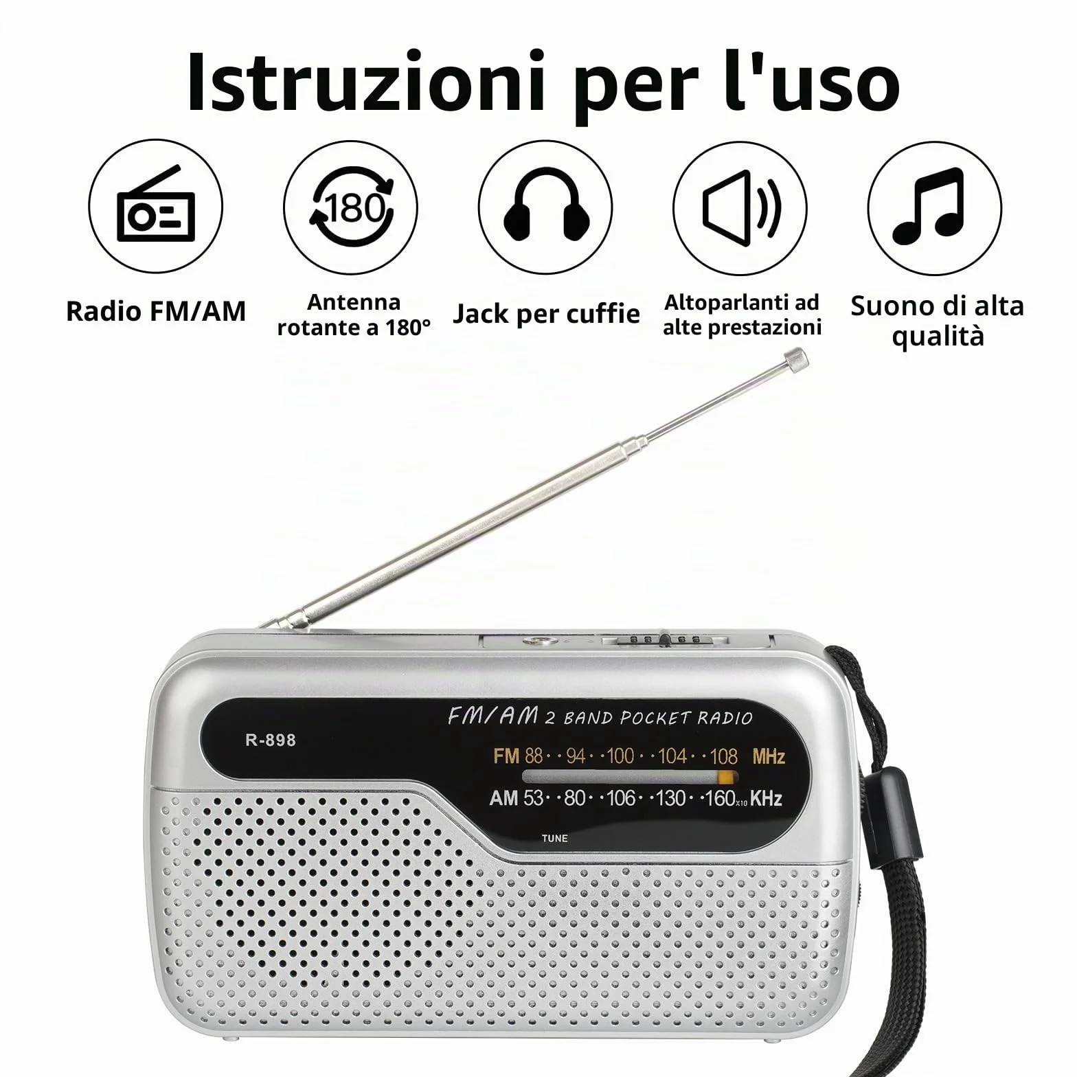 Radio portatile FM transistor con altoparlante potente, funziona con 2 batterie AA, argento