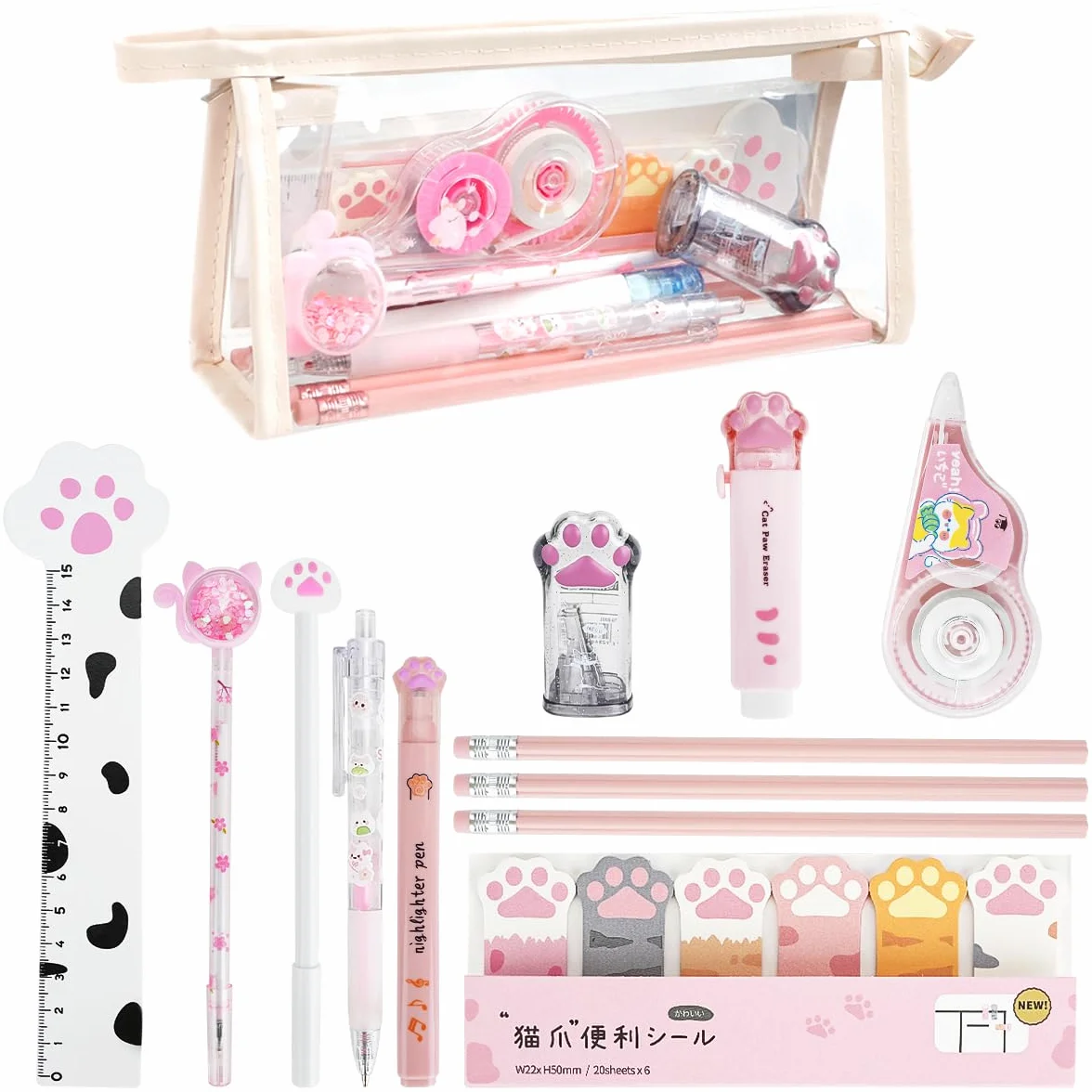 Patte de Chat Kit Papeterie 13 PCS Mini Rouleau à Crayons Gomme Rétractable Ruban Correcteur Stylos Pointeurs Notes Adhésives Surligneurs