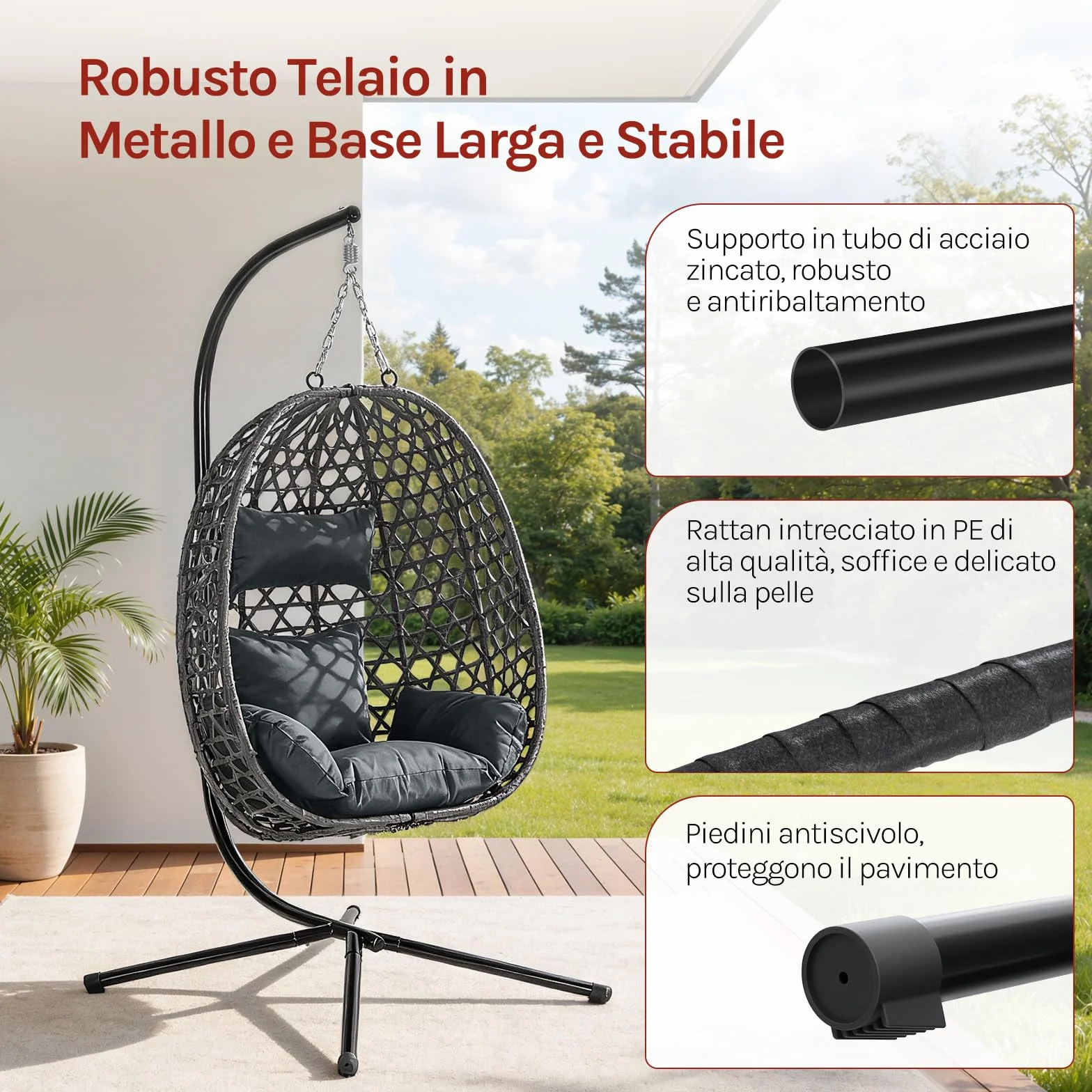 WOLTU Poltrona Sospesa a Uovo con Supporto in Metallo, Cuscino e Poggiatesta, Rattan PE, 102x100x196 cm, Grigio